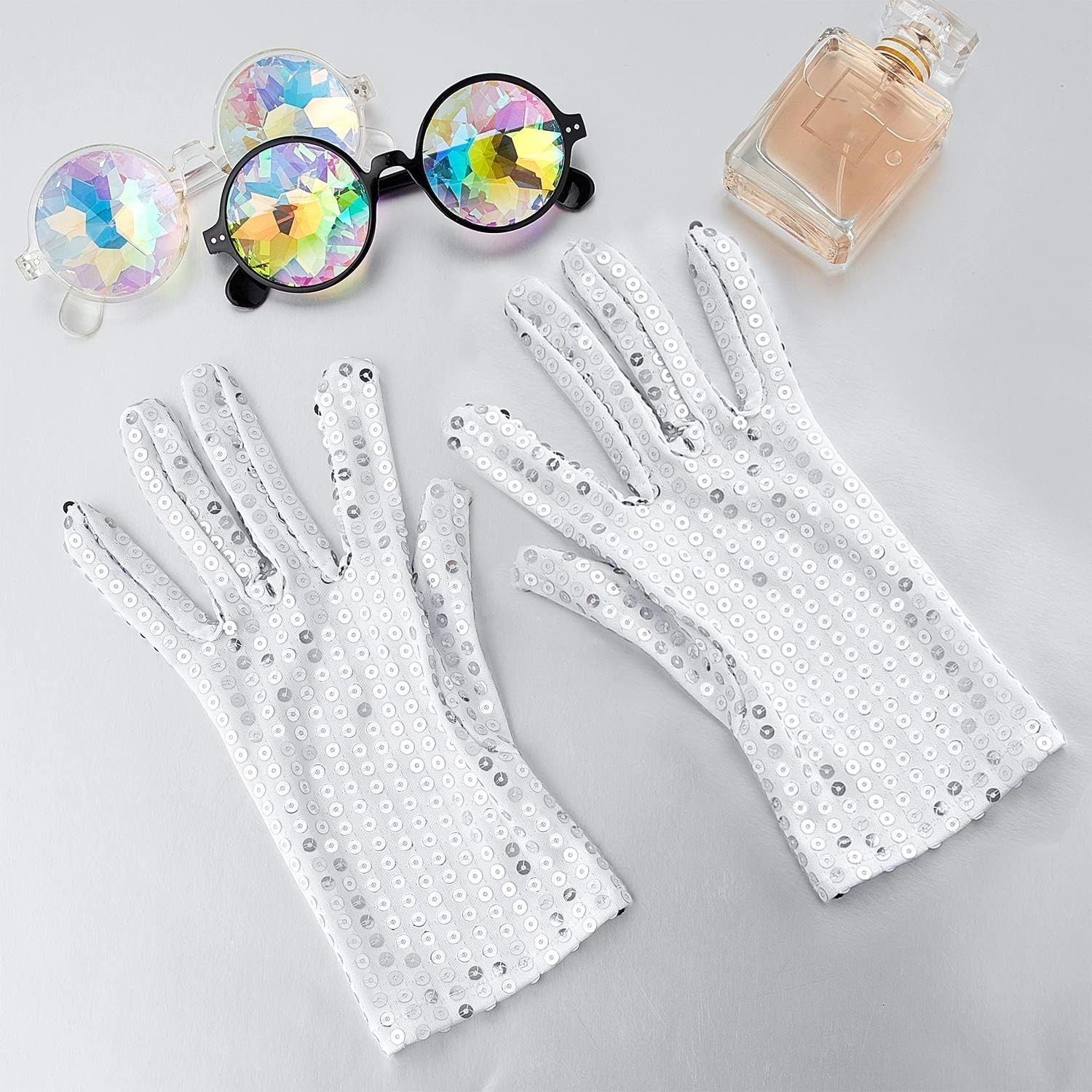 SATINIOR 12 Pairs Silver Sequin Gloves Mesh Glitter Gloves Sequin Dance Mittens for Dress Costume Accessory