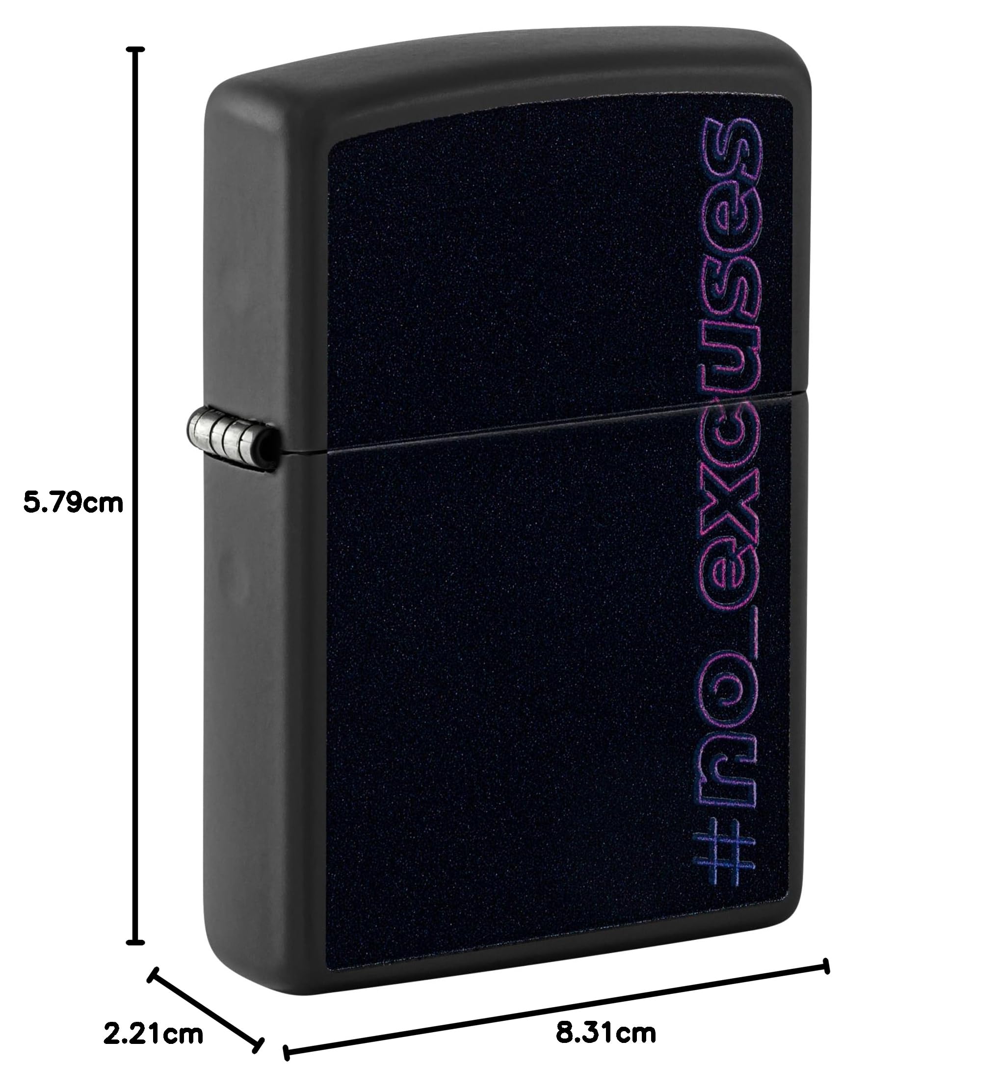Zippo Sturmfeuerzeug - No Excuses, Black Matte, Black Light - Nachfüllbar - Wiederverwendbar - Windfestes Design - Geschenkbox - Made in USA