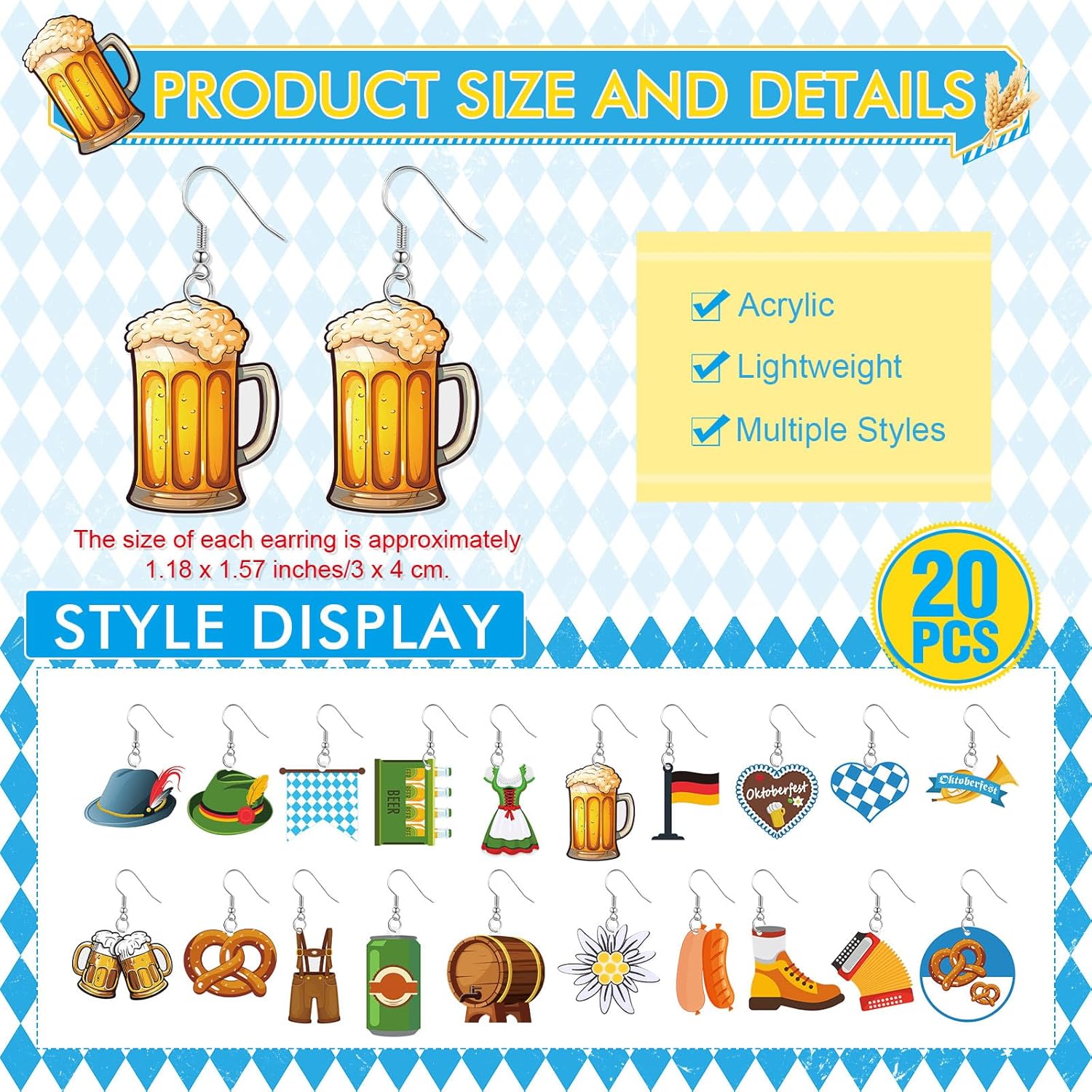 Nosiny 20 Pairs Oktoberfest Earrings Beer Festival Earrings for Women Acrylic Colorful Wine Mug Drop Sausage Eardrop for Oktoberfest Party Gifts - Image 3