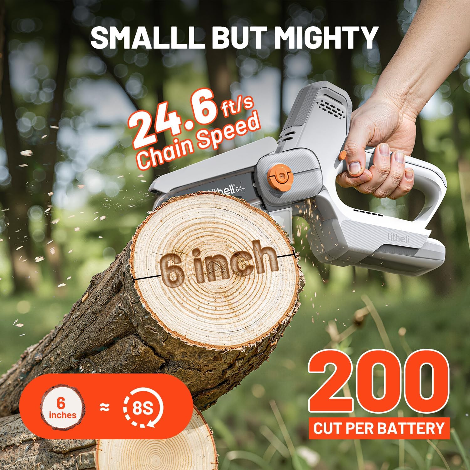 Litheli 6-Inch Mini Chainsaw Cordless, 20V 2.0Ah Battery Powered Handheld Electric Chainsaw with 24.6ft/s Chain Speed, 300W Small Portable Pruning Saw for Tree Trimming, Branch Cutting & Gardening
