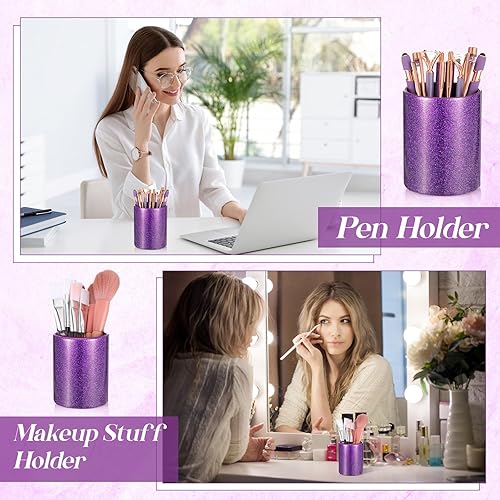 Miniatura 5 de Sabary 8 bolígrafos morados con soporte para bolígrafo para escritorio, con purpurina de cristal de diamante, bonito soporte para lápices,