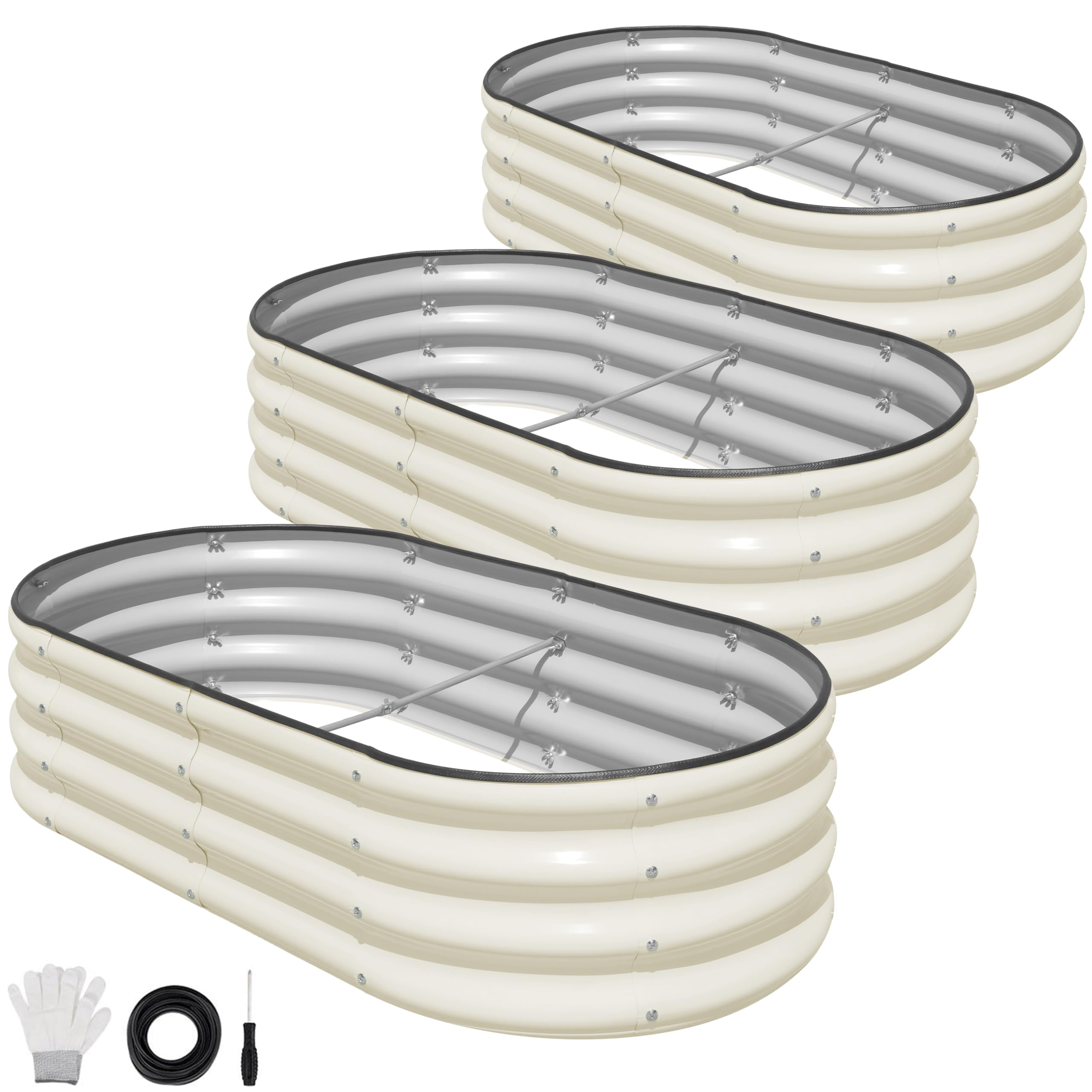 SnugNiture Steel Raised Garden Bed,3Pcs 120 * 60 * 30CM Large Oval Galvanized Metal Planter Box Outdoor for Growing Vegetables, Flowers and Herbs,White