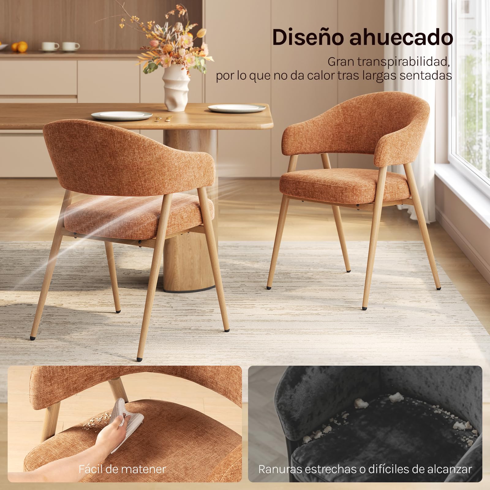 WOLTU Juego de 2 Sillas de Comedor Ergonómicas, Marrón Caramelo | Respaldo Ahuecado, Patas Ajustables, Asiento de Tejido de Chenilla, Patas Metálicas, para Comedor, Cocina, Salón y Dormitorio