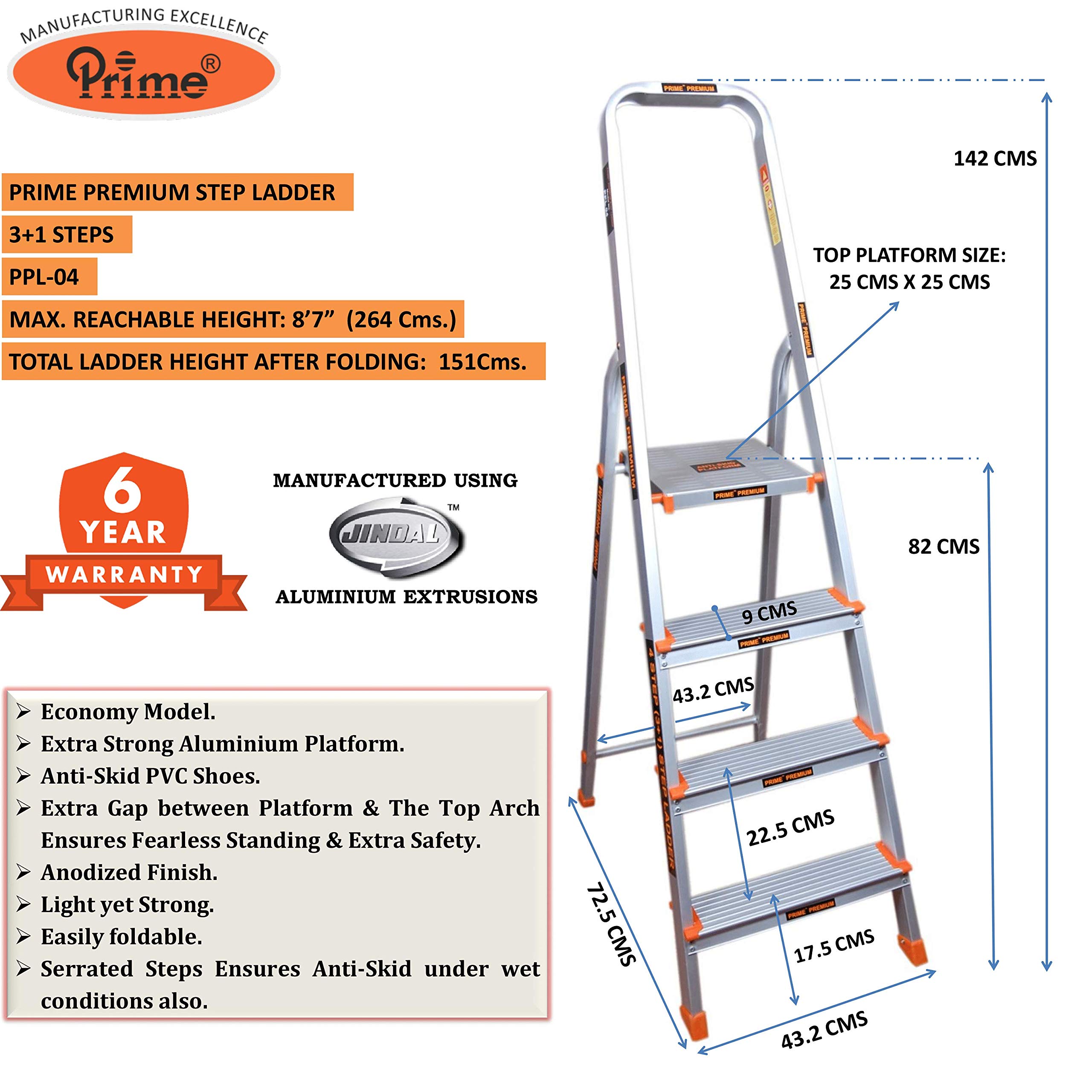 Prime Premium Aluminium Step Ladder for Home | 4 Steps (3+1) | Wide Anti-Skid Steps & Large Comfortable Platform, Foldable Rustproof Safety Ladder for Home & Office | 6 Year Warranty | Made in India 3