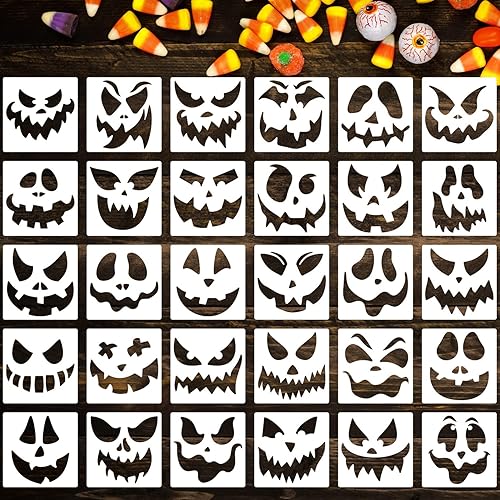 Plantillas de cara de calabaza de 6 pulgadas, plantillas de Halloween, plantilla reutilizable para tallar calabaza para pintar en ventana de papel