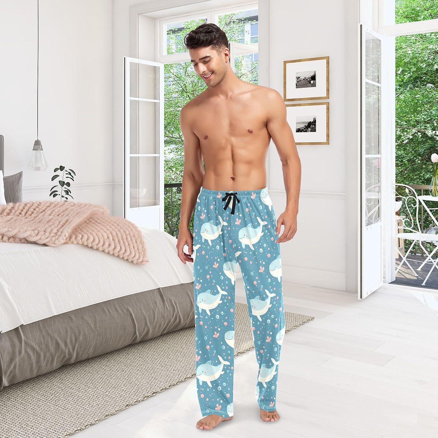 ALAZA Cute Whale Bubble Men's Pajama Pants Men Cotton Pajama Bottoms with Pockets, S