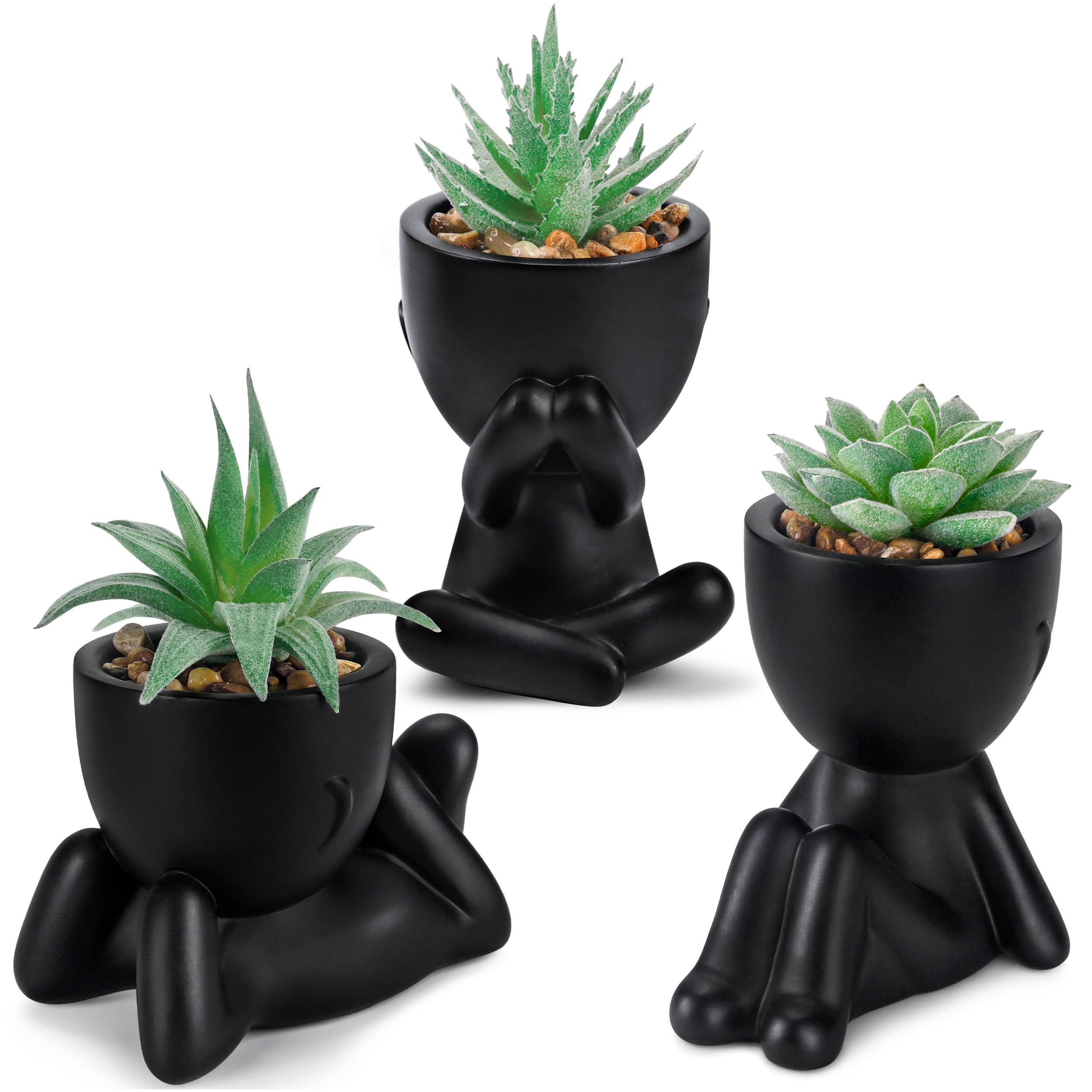 BTSD-home Set of 3 Faux Succulent Plants in Black Pots Mini Artificial Plants Indoor for Room Home Bedroom Bathroom Decor