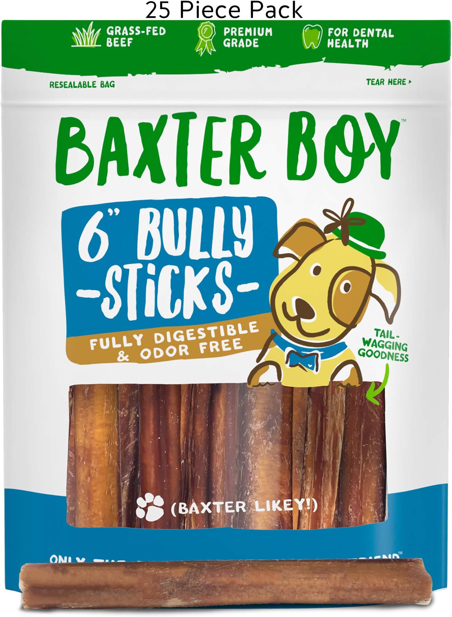 Baxter Boy 6-inch Premium Grade Thick Bully Sticks Dog Treats (25 Pack) – 6” Long All Natural Gourmet Dog Treat Chews – Fresh and Savory Beef Flavor – Long Lasting Treat