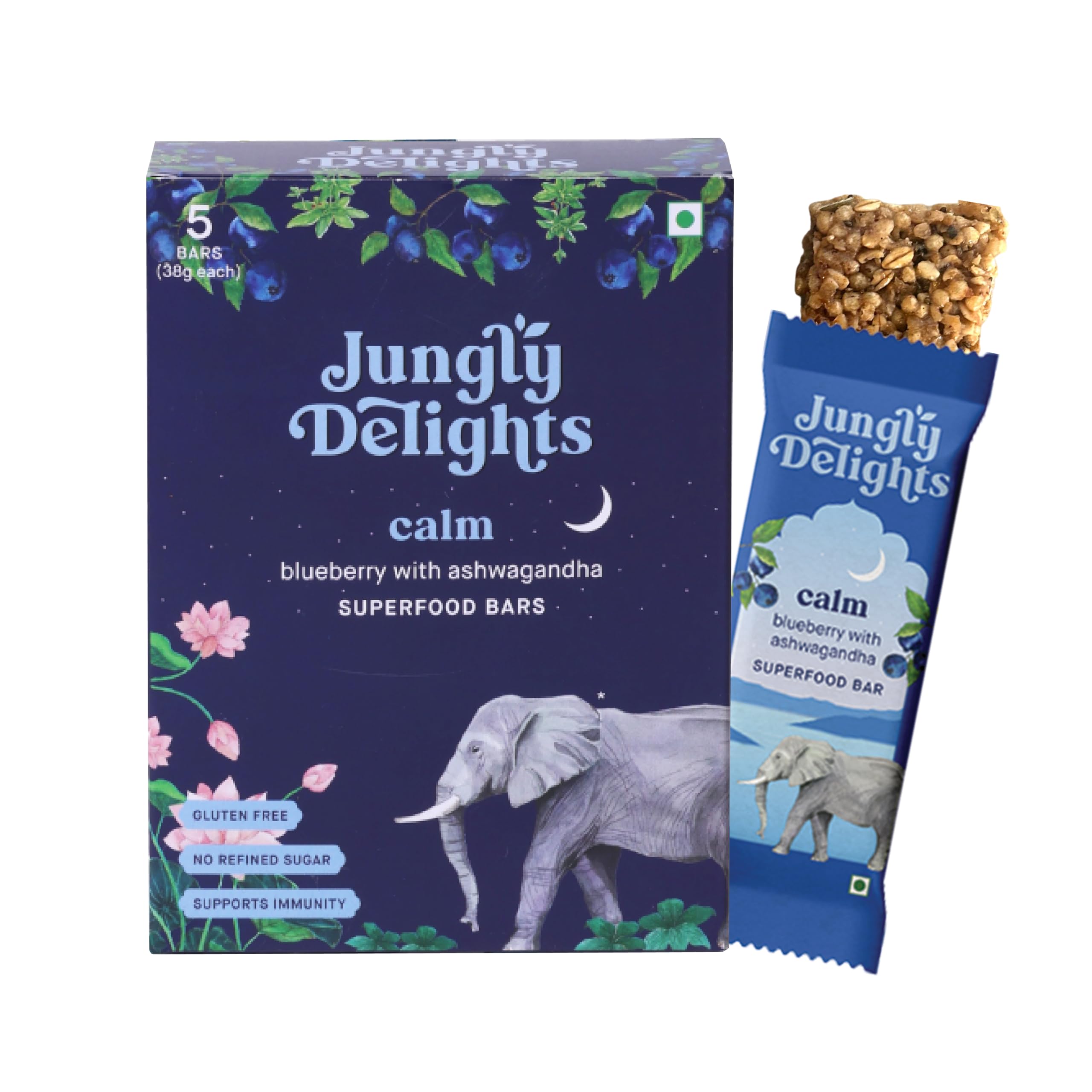Jungly Delights | Calm: Blueberry with Ashwagandha | Superfood Bars | Box of 5 X 38g | Gluten and Refined Sugar Free | All Natural | Healthy & Delicious | Supports Immunity (B0B886M6TZ) Amazon Price History, Amazon Price Tracker
