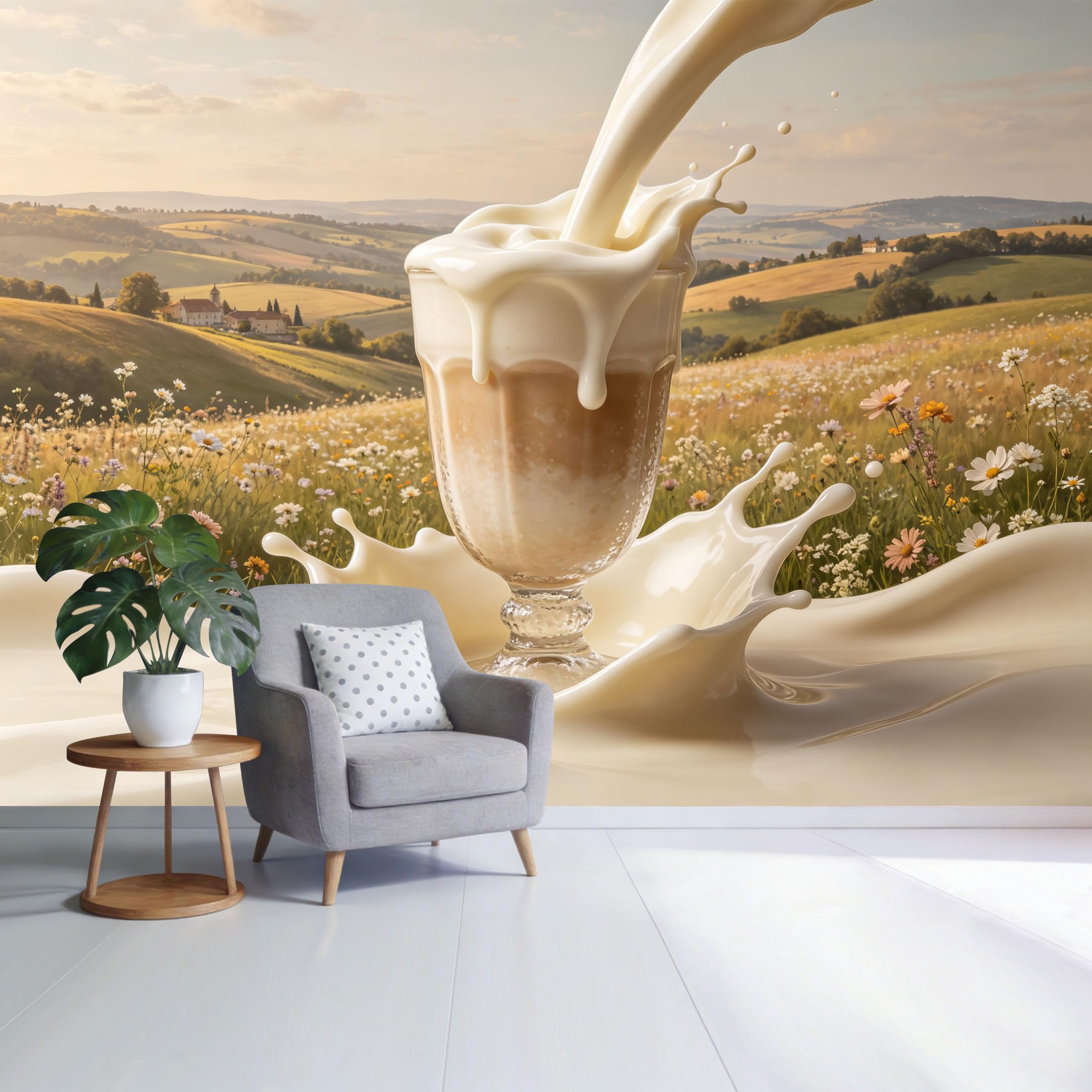 Custom Size Wall Mural Cream Splash Coffee Glass in Countryside Meadow Landscape SelfAdhesive Wall Fabric Removable Wallpaper for Home Office Decor
