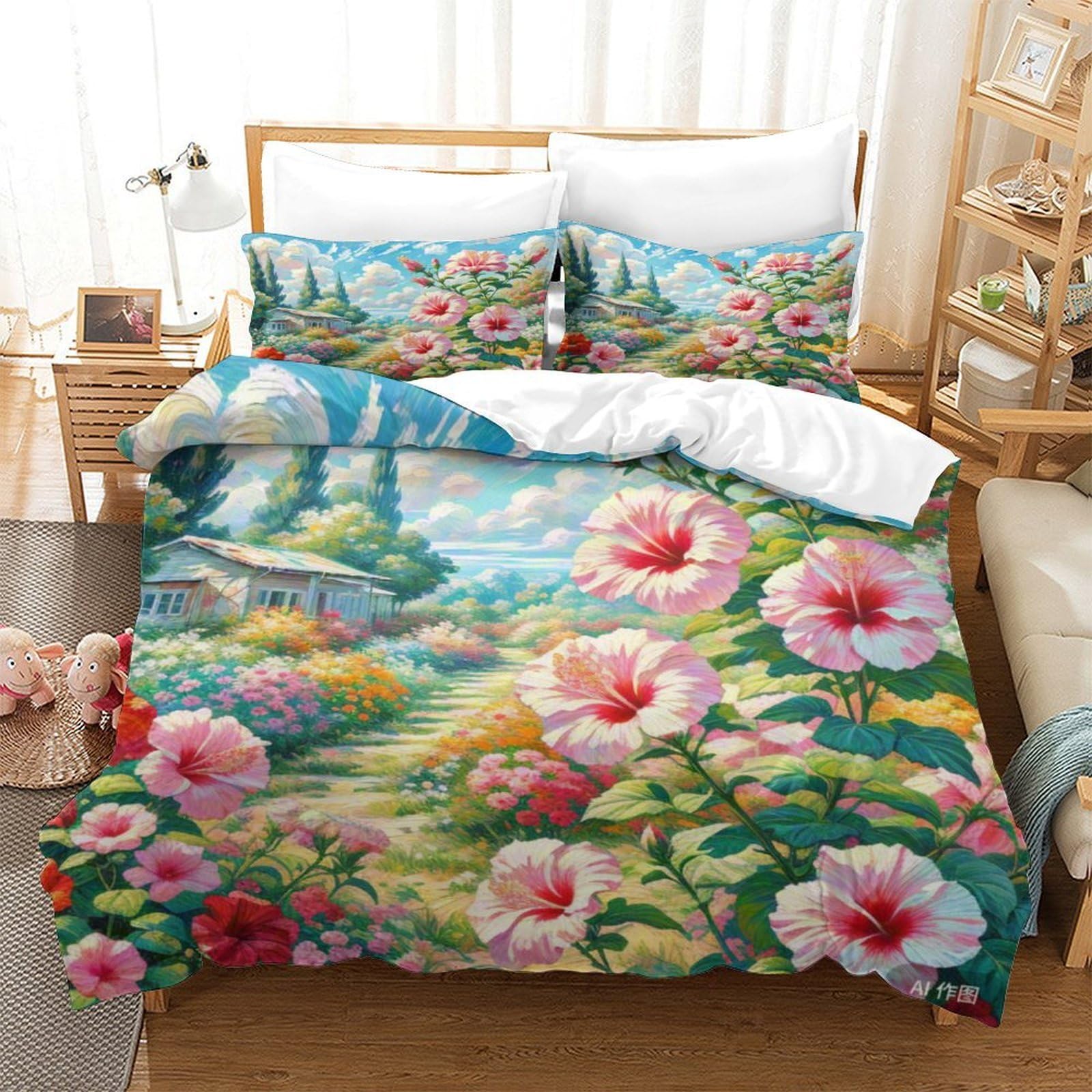 Linge de lit avec housse de couette microfibre hibiscus 3D super king pour lit enfants et ados
