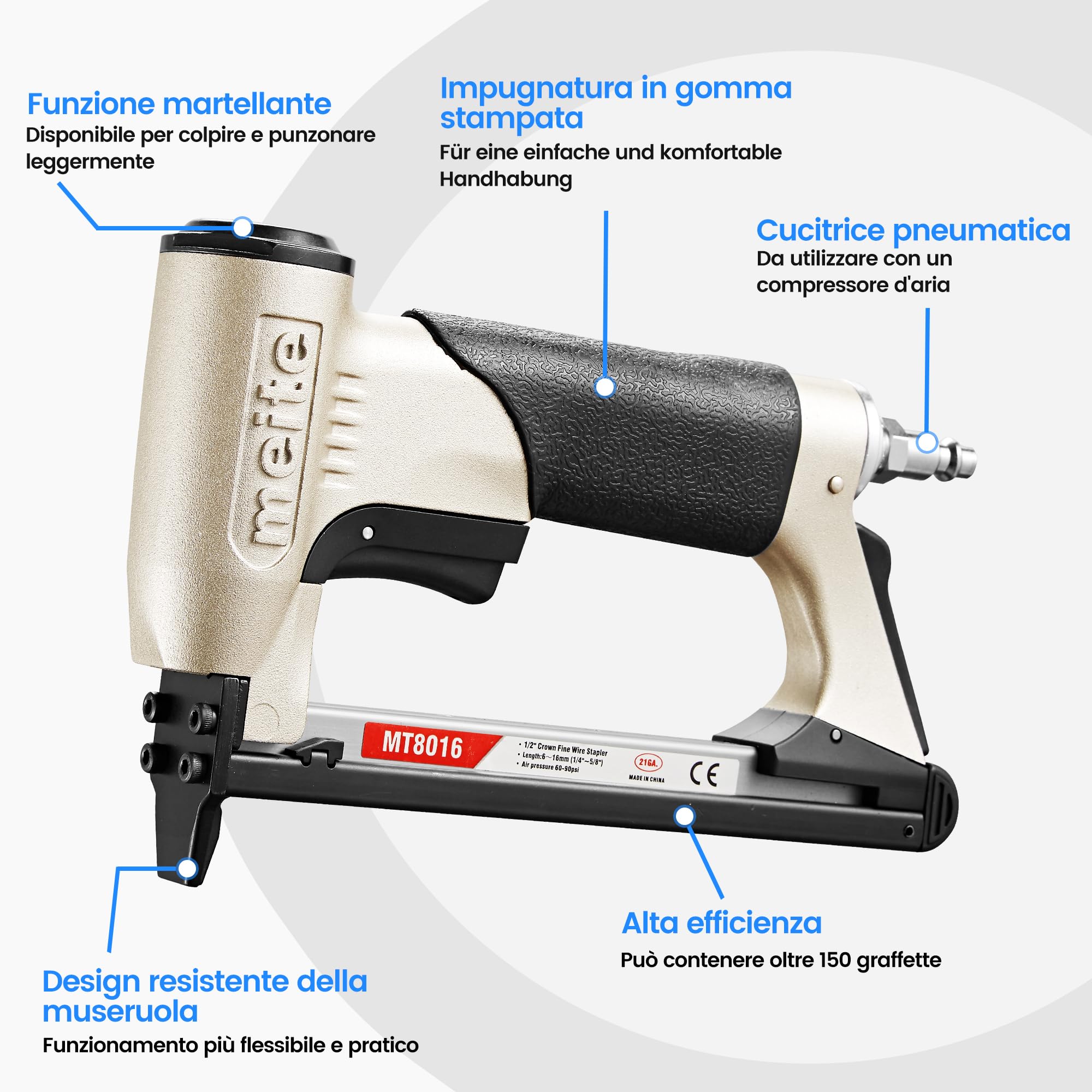 meite MT8016 Graffettatrice Pneumatica, Sparachiodi ad Aria Compressa per Tappezzeria e Lavorazione del Legno, 21GA Tipo 80, Graffette 6–16 mm per Falegnameria e Fai da Te