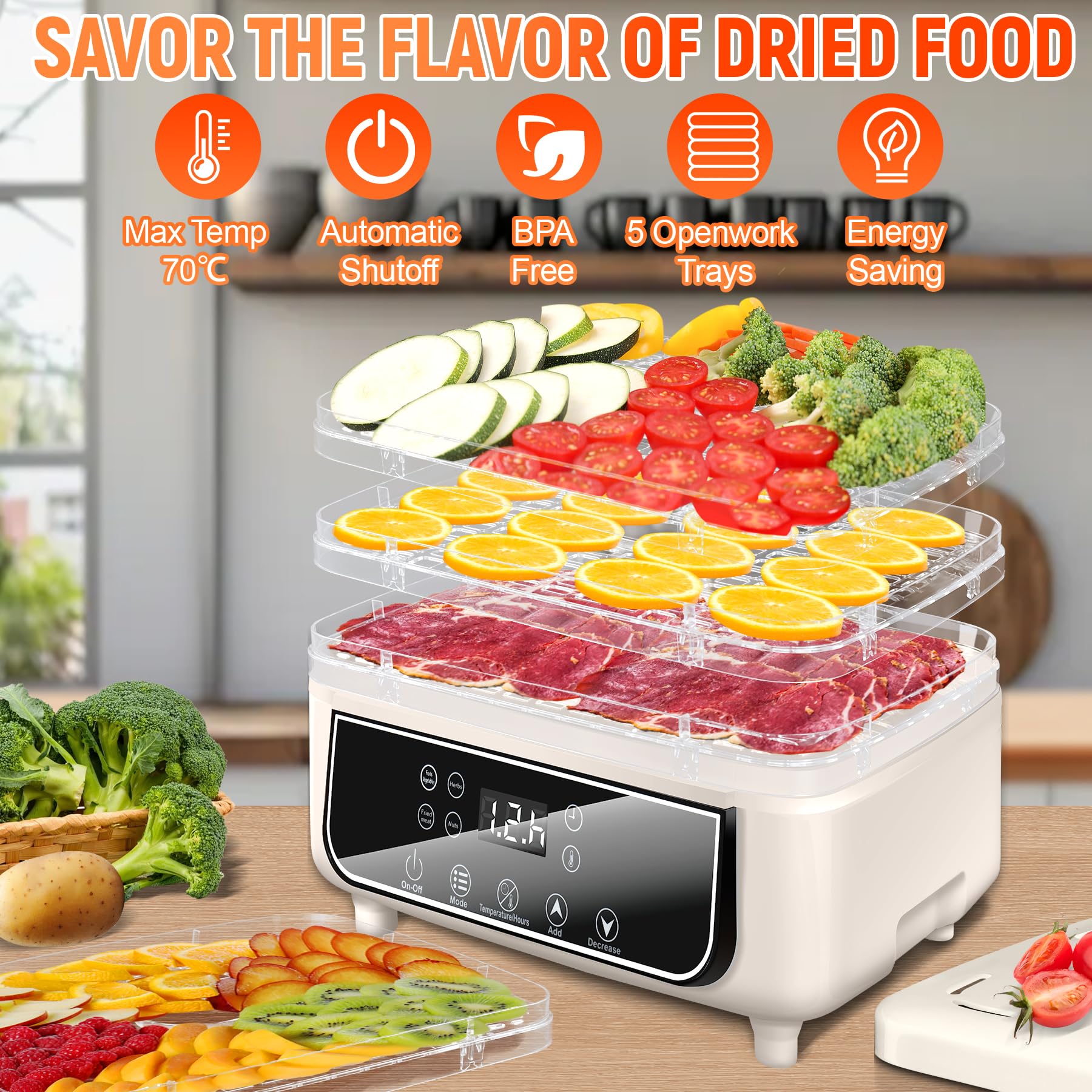 KingSom Dörrautomat, Dörrgerät mit 5 Einlegefächer, Lebensmittel Dörrgerät mit 72H-Timer, Temperaturregler 35-70°C,LED-Display mit 4 Lebensmittelmodi,Obsttrockner, Food Dehydrator für Früchte,BPA Frei