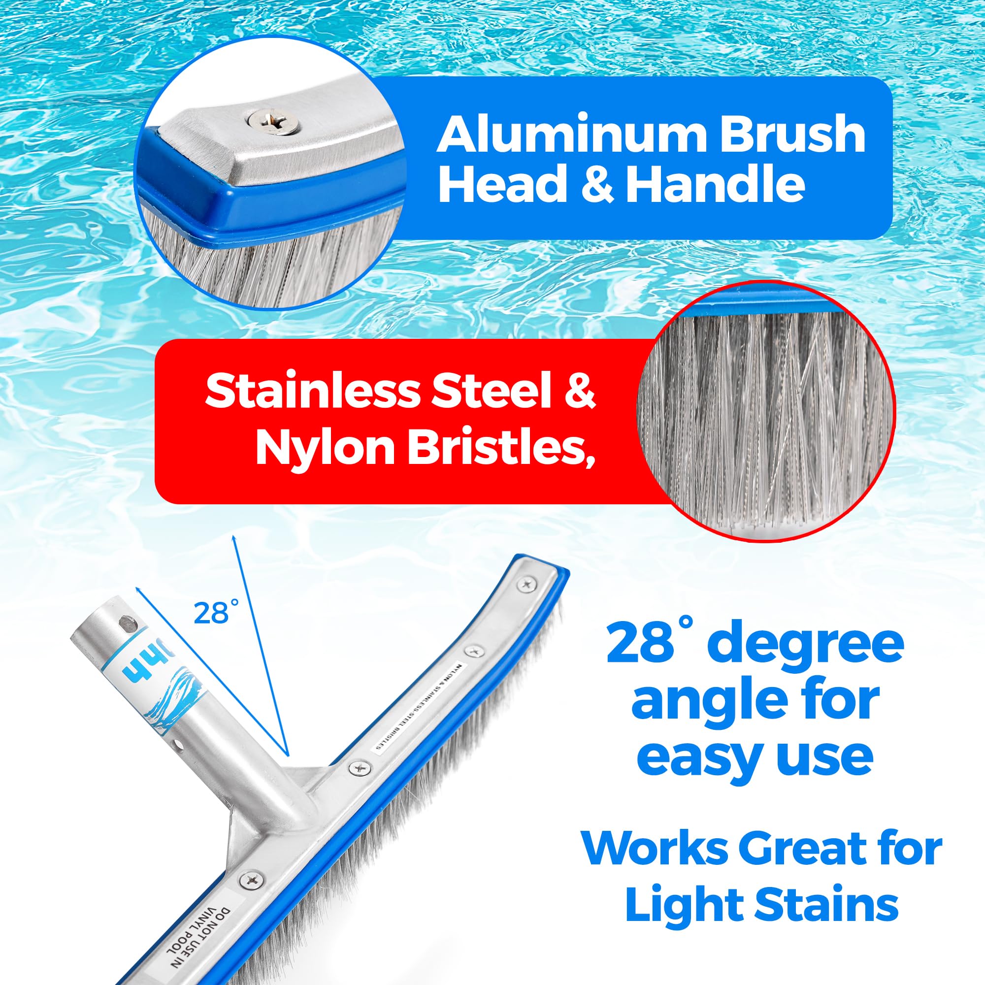 440 Combo Nylon & Stainless Steel Pool Brush - 18-Inch Heavy Duty Head For Inground Pools