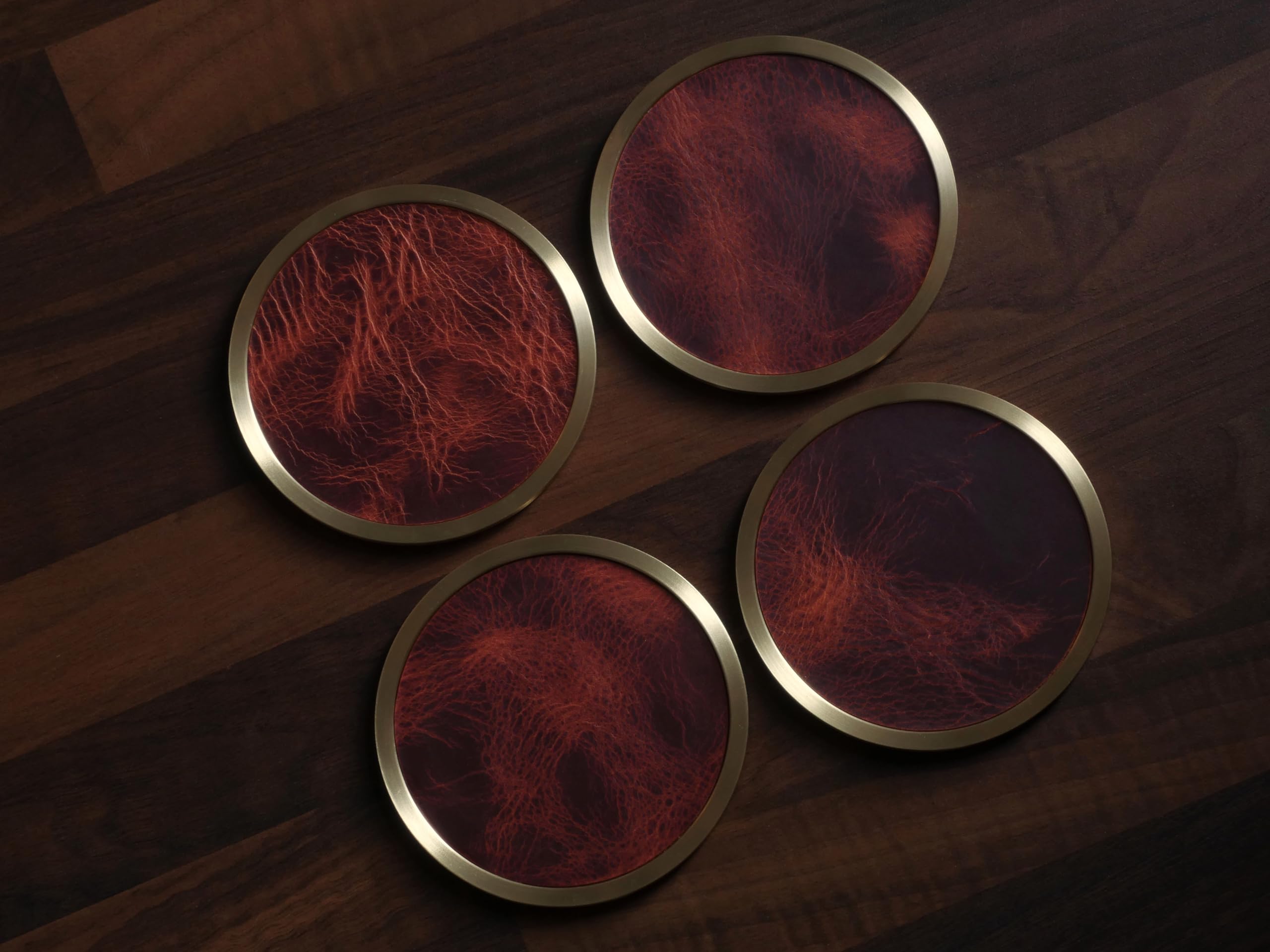 Lot de 4 dessous de verre en laiton et cuir italien