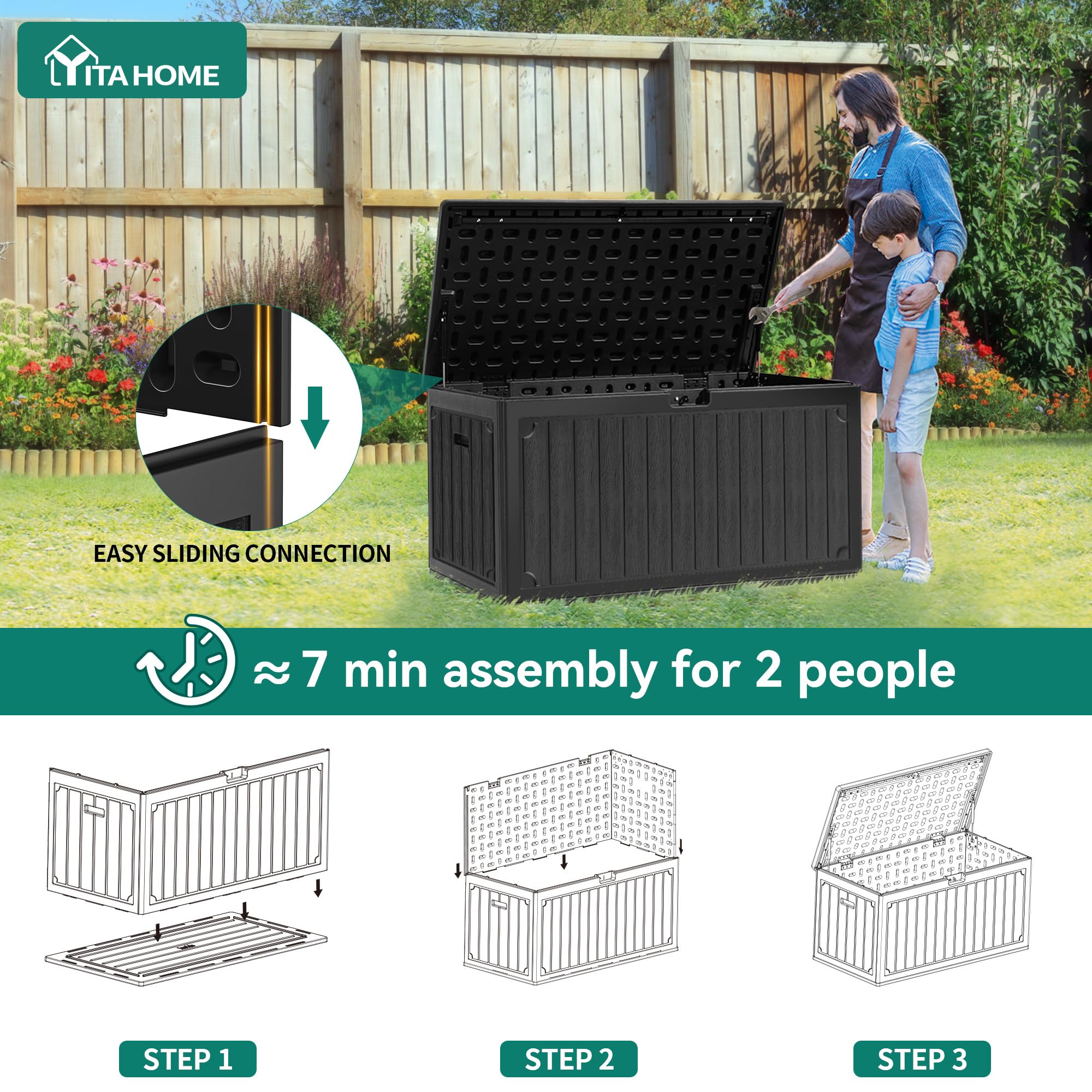 YITAHOME Scatola portaoggetti da giardino 303L, in resina HDPE, con coperchio bloccabile e maniglie laterali, panca portaoggetti impermeabile per mobili da patio, cuscini, attrezzi da piscina e