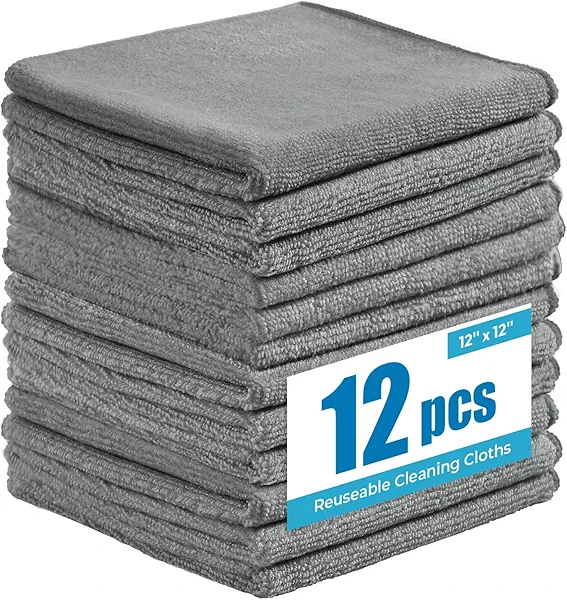 Microfiber Cleaning Cloths 12”x12” 12Pack Grey Lint Free Kitchen Cloths - Extra Thick, Streak-Free, Lint-Free, Fast Absorbent - Reusable Multi-Purpose Housekeeping Rags for Cars, Dishes, Floors, Tiles