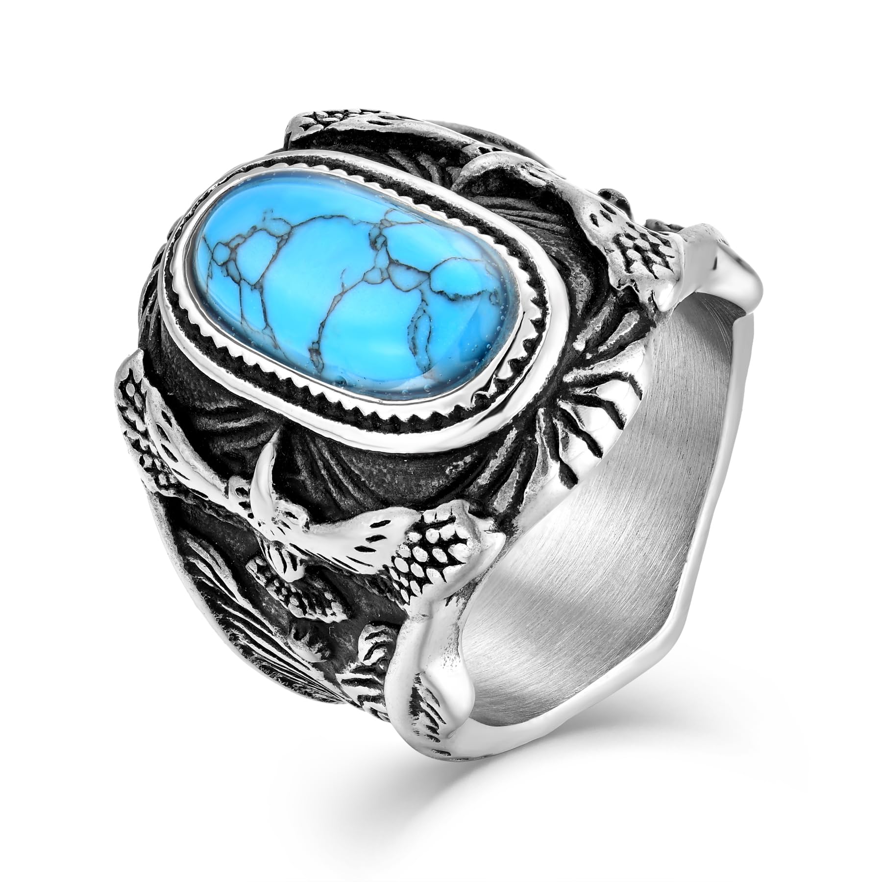 Wisbal Retro Turquoise Ring for Men Stainless Steel Oval Biker Ring Jewelry for Men,Size7-15