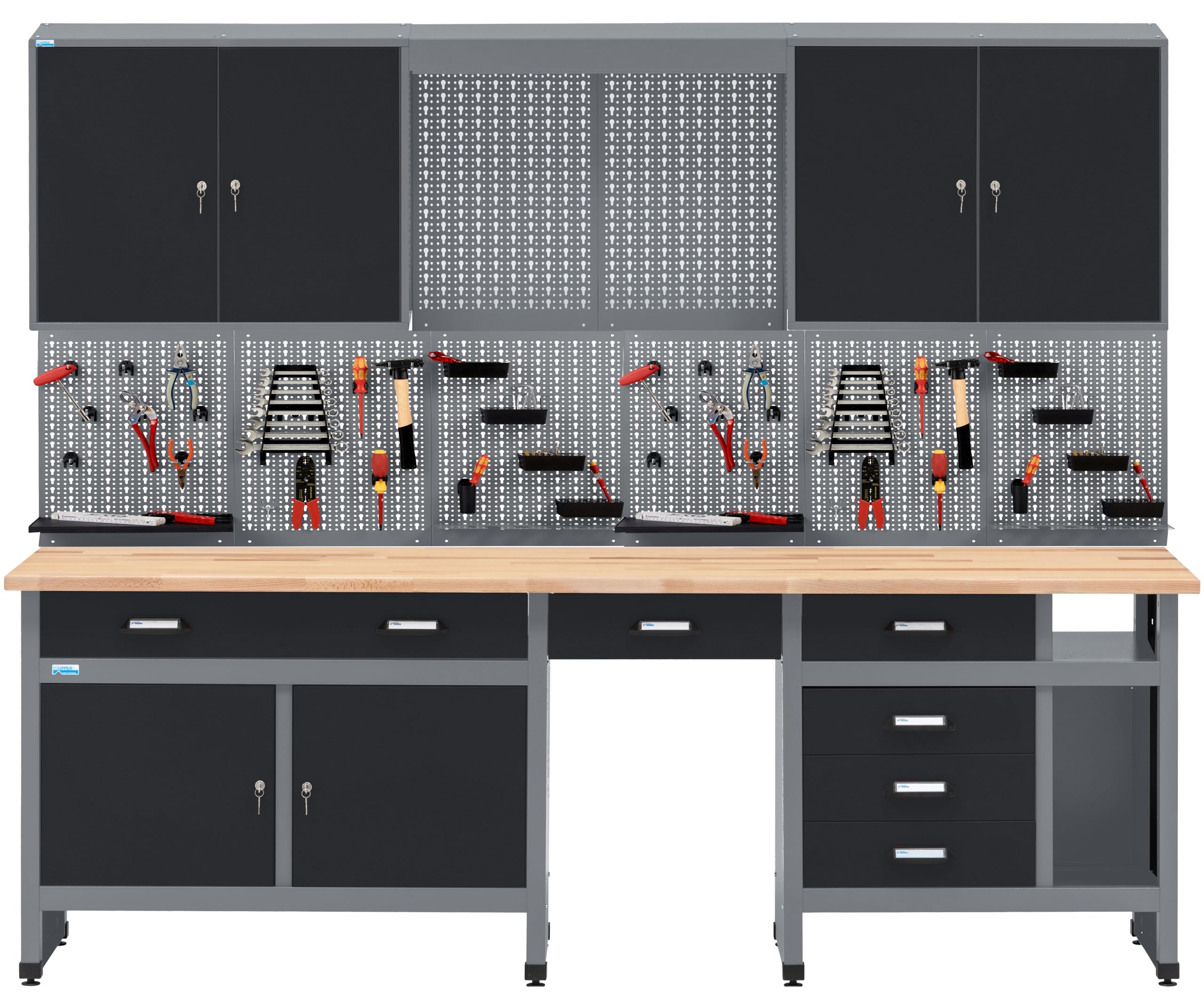 Küpper 70412-​9 - Set di banchi da lavoro, larghezza 240 cm, banco da lavoro, pensile, parete forata (Nero, 240 x 204 cm (LxA))