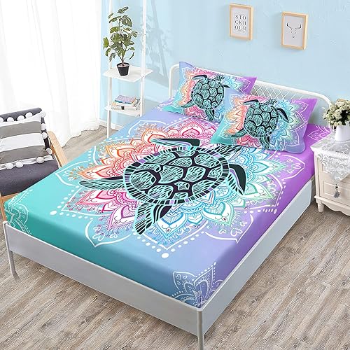 HOSIMA Juego de sábanas bajeras con temática de tortuga marina, diseño de playa costera, para decoración de habitación de niños, adolescentes y
