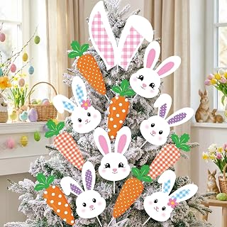 Qunclay 13 Pcs Easter Tree Decorations Extra Large Easter Bunny Tree Picks Ornaments Cute Rabbit Ear Carrots Pick Decorations for Spring Holiday Home Party Vase Topper Decor(Bunny)