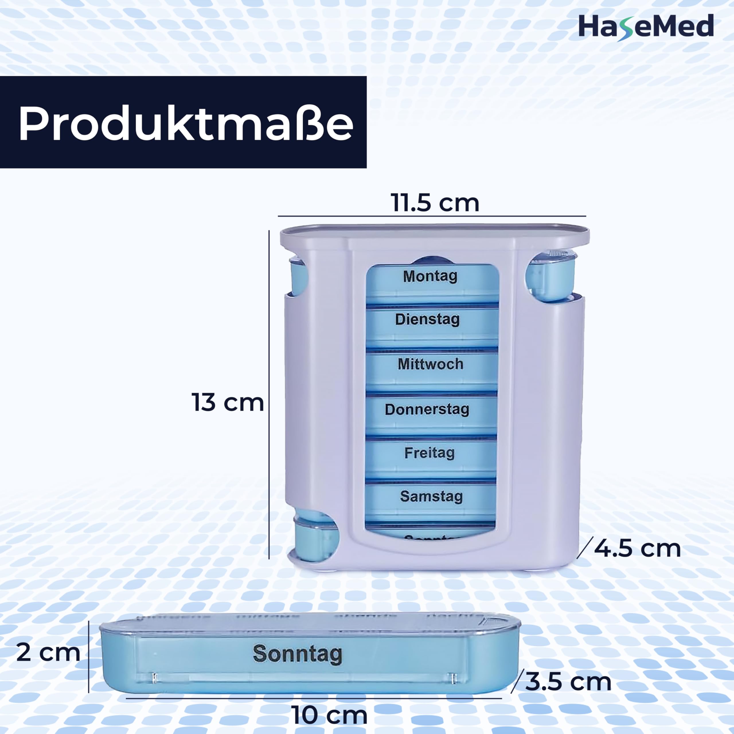 HaseMed Tablettenbox 7 Tage 8 Stück – Wochendispenser mit 7 herausnehmbaren Tagesfächern – Pillendose für Medikamente, Vitamine & Nahrungsergänzungsmittel – kompakt, BPA-frei & ideal für unterwegs