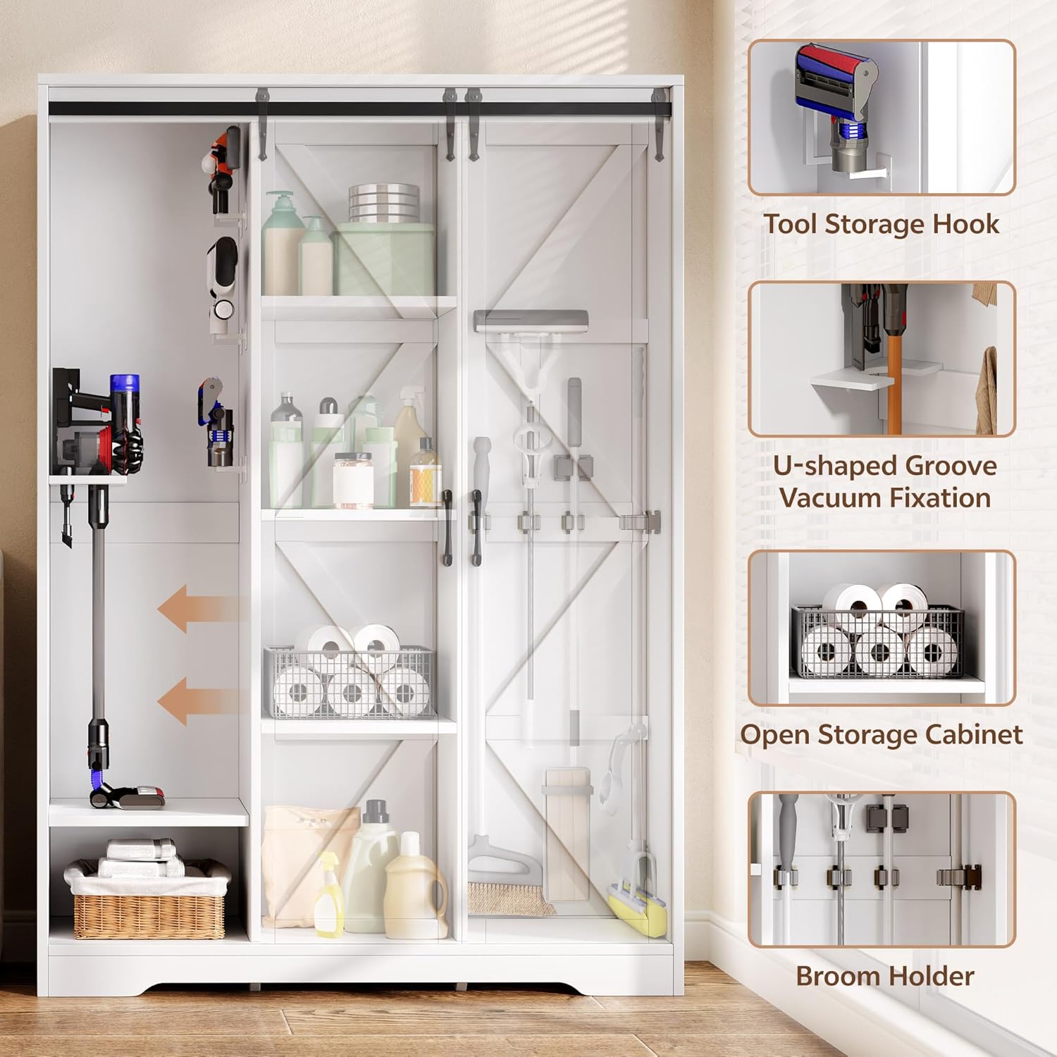 Broom Closet Storage Cabinet, 67" H Wooden Vacuum Storage Cabinet, Utility Closet with Sliding Door, Cleaning Tool Organizer with Shelf and 6 Pack Broom Holder, 67.1" H×47.2" W×15.7" D, White