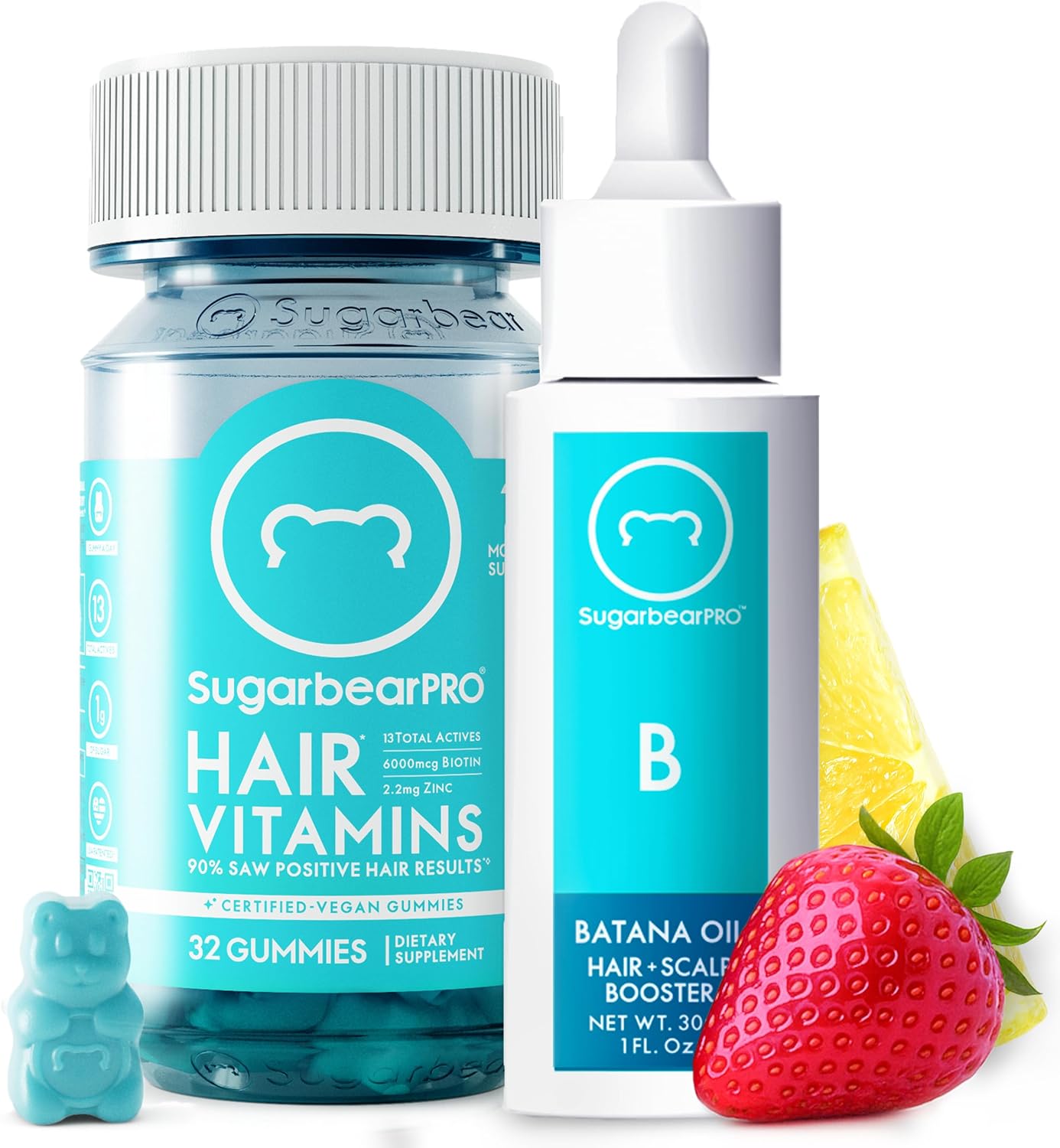 SugarBearPro Batana Hair Oil & Glass-Dropper Applicator, 1oz + Vegan Hair Vitamin Gummies 1 Month Supply, Extra Strength Biotin 6000mcg