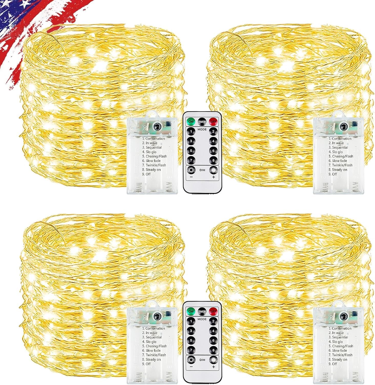 4Pack 80FT 240LED Christmas Fairy Lights Battery Operated with Remote & Timer | 8 Modes Twinkle String Lights Battery Powered Indoor Outdoor