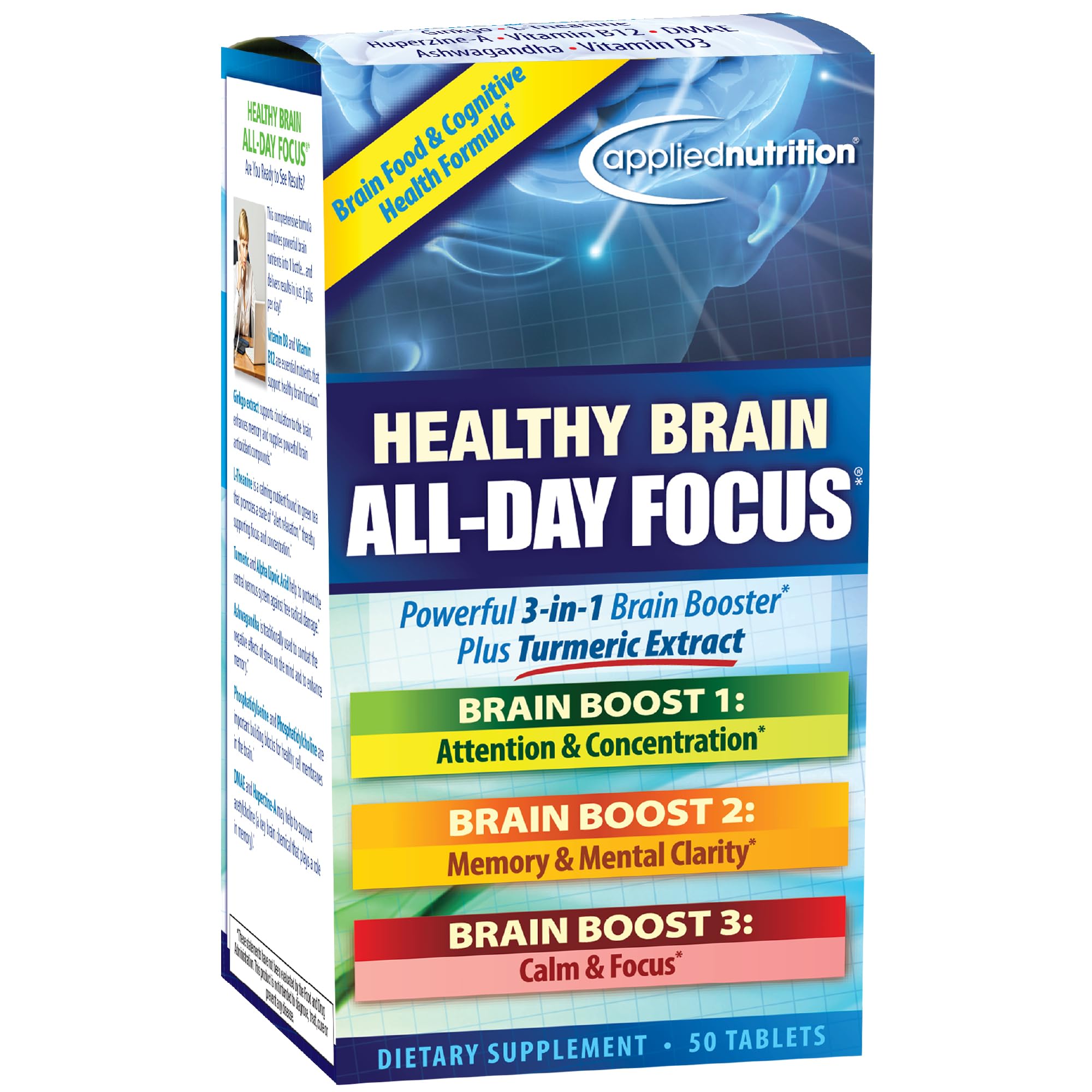 Applied Nutrition Healthy Brain All-Day Focus - 50 Tablets - Powerful 3-in-1 Brain Booster with Turmeric Extract - 25 Servings