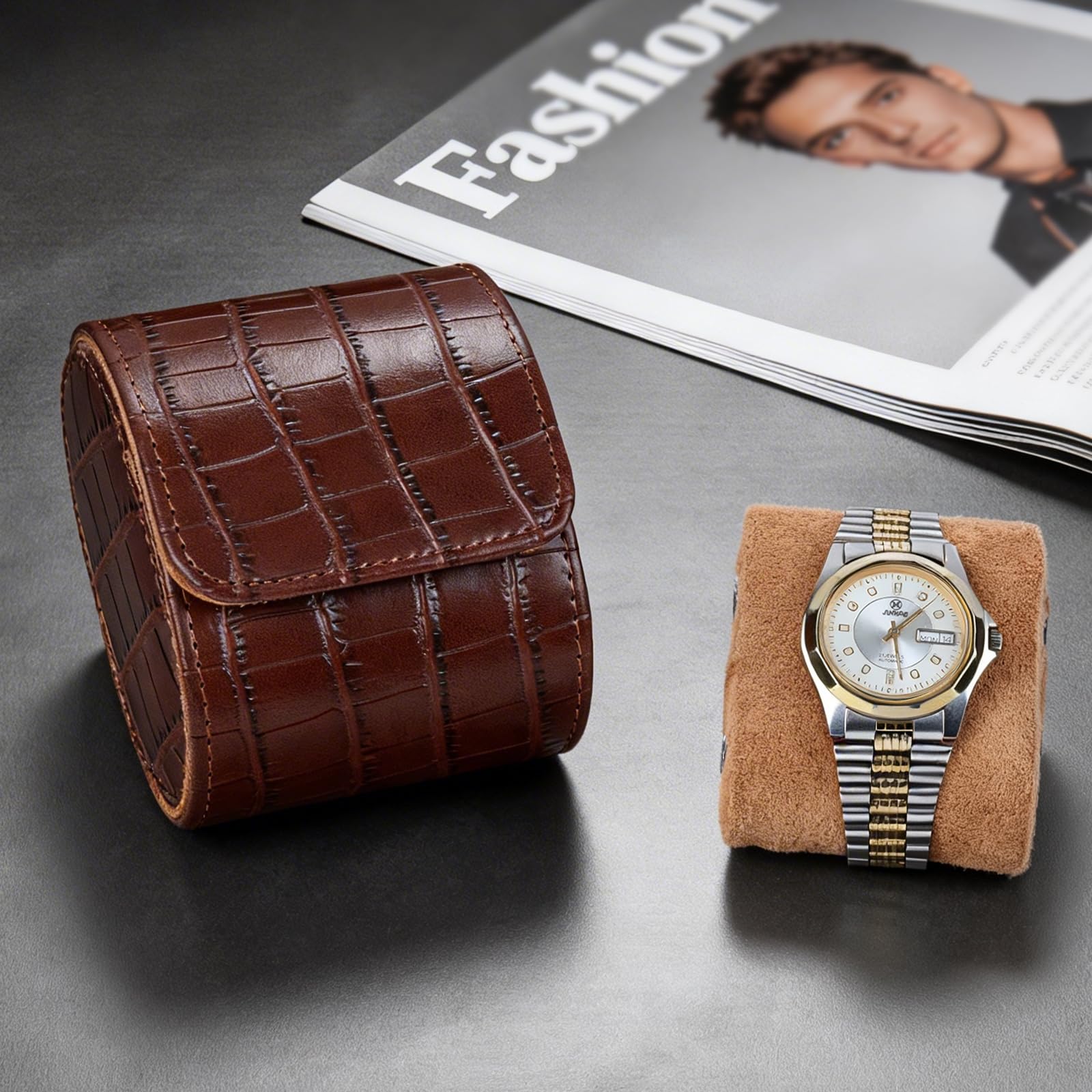 Coffret montres cuir pour 1 montres,Boite a Montre,simili cuir motif crocodile, coffret rangement luxe vintage, idéal pour les anniversaires, Noël, Saint-Valentin - (Brun foncé | 1 Fente)