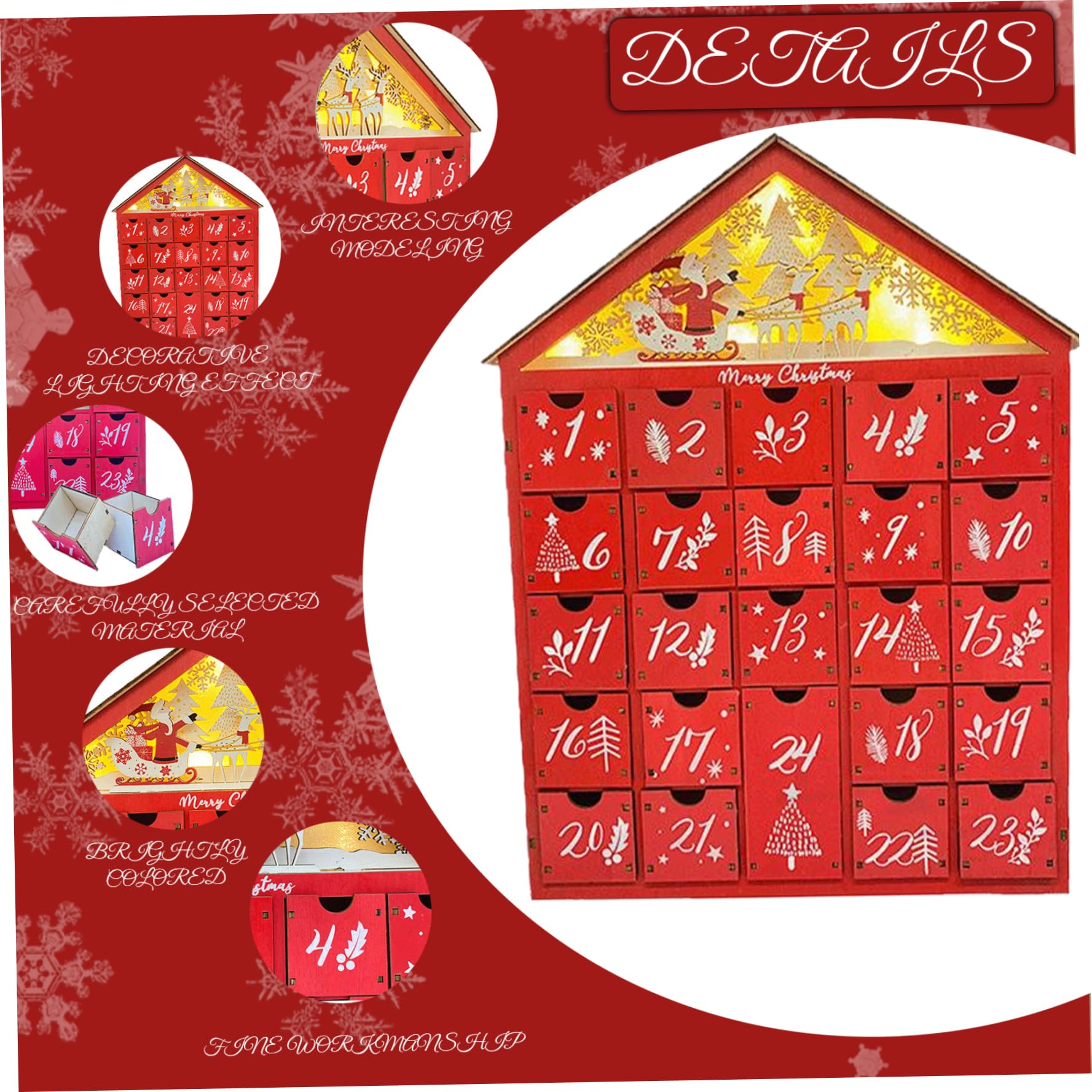 Calendario dell'Avvento di Natale con 24 cassetti portaoggetti LED in legno calendario dell'avvento con albero di Natale e case fai da te per adulti e bambini, decorazione per le vacanze.