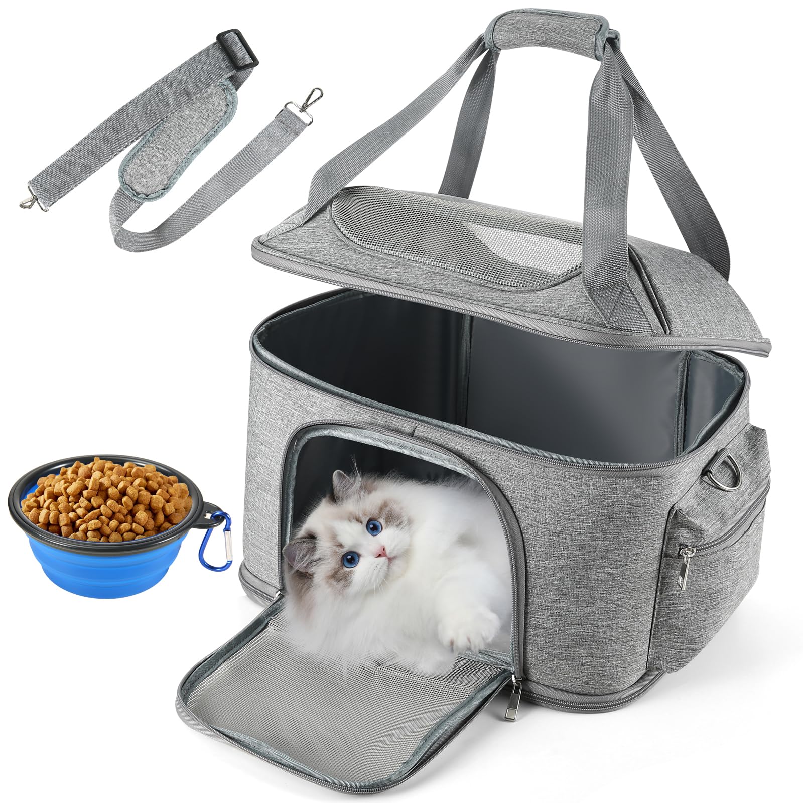 Cat Carrier, Pet Carrier Airline Approved Travel Carrier Bag for Small Cats, Wrinkle-Free Expandable Foldable Dog Carrier with Fleece Pad&Bowl, Reflective Stripes Safety Design, 17 * 12 * 13