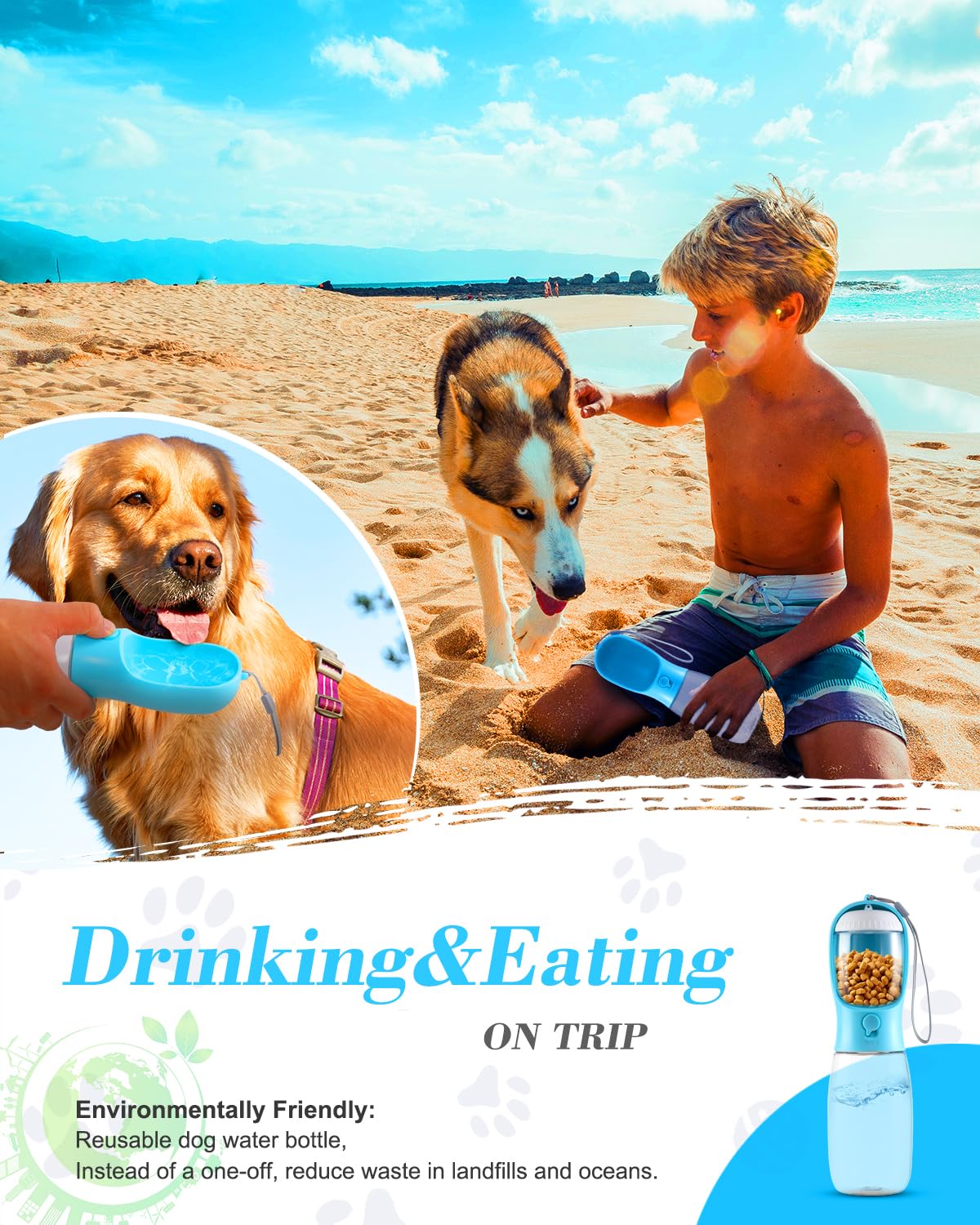 Borraccia per cani 2 in 1, a prova di perdite, con contenitore per cibo, dispenser di acqua portatile per cuccioli, ideale per passeggiate, escursioni, campeggio e viaggi