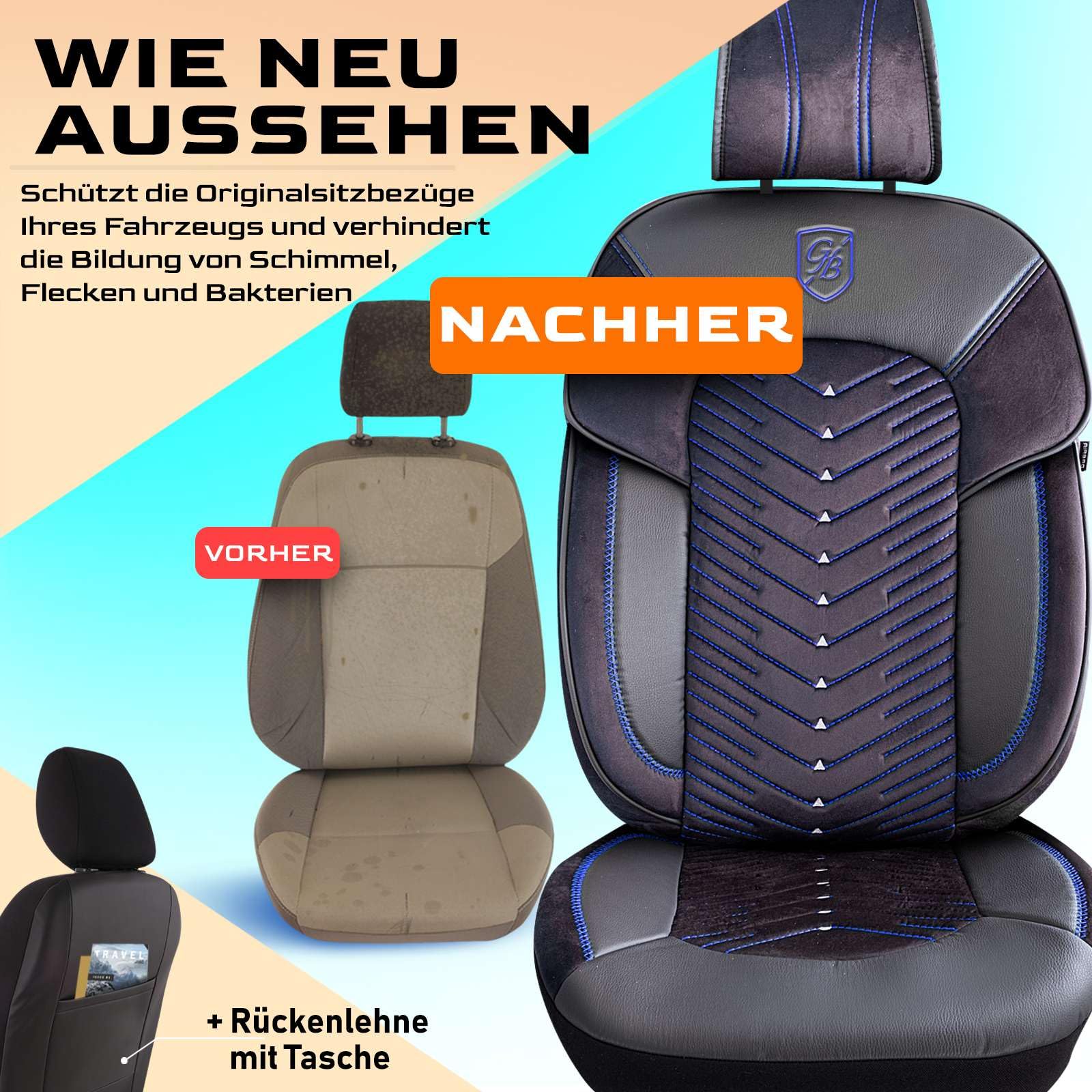 Autositzbezüge Universal für PKW & SUV – Premium Vordersitze Auto Sitzbezug aus Samt, Schwarz-Blau, Airbag-Kompatibel Sitzauflage, Autoschonbezug, Vordersitz-Set inkl. Montageset