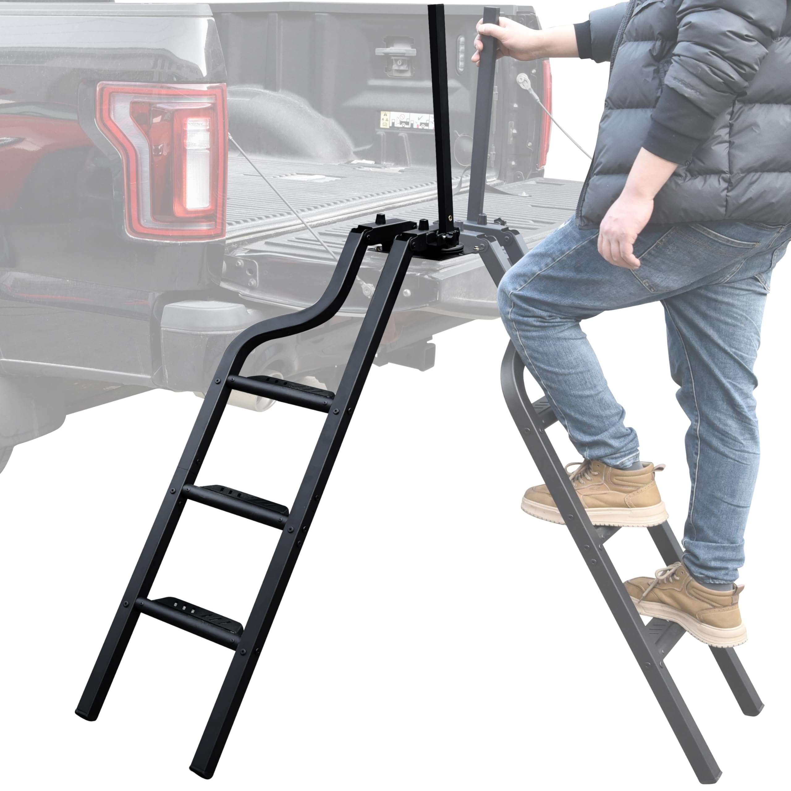 45" Rotatable Universal Pickup Truck Tailgate Ladder with Handle, Foldable Heavy Durty Truck Ladder Folding Tailgate Step with Wide Pedals for F250/Ram 2500 Accessories, Capacity 600 lbs