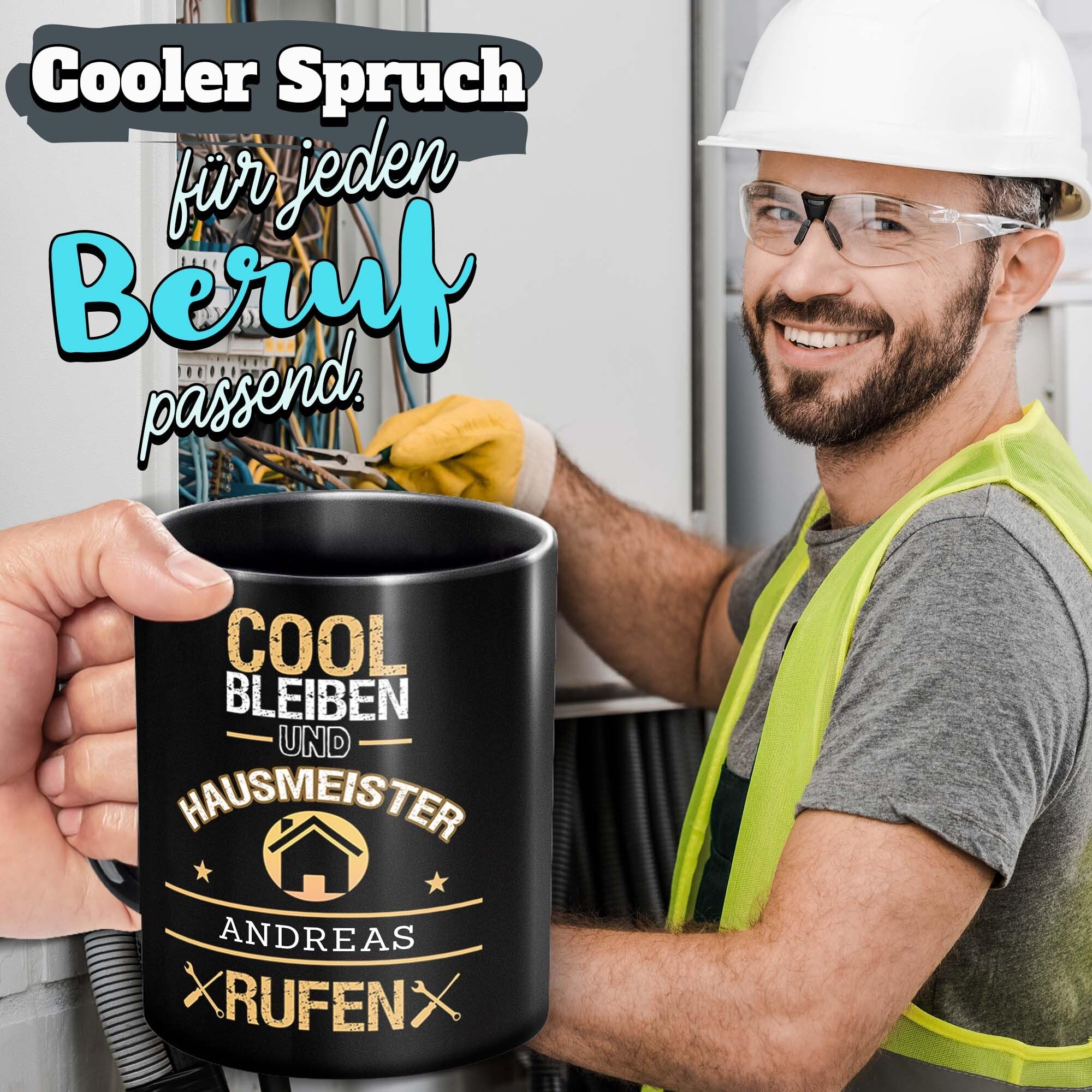 Personalisiert Polizisten Tasse 'Cool Bleiben Und ... Rufen' – Schwarz, 300 Ml, Spülmaschinengeeignet