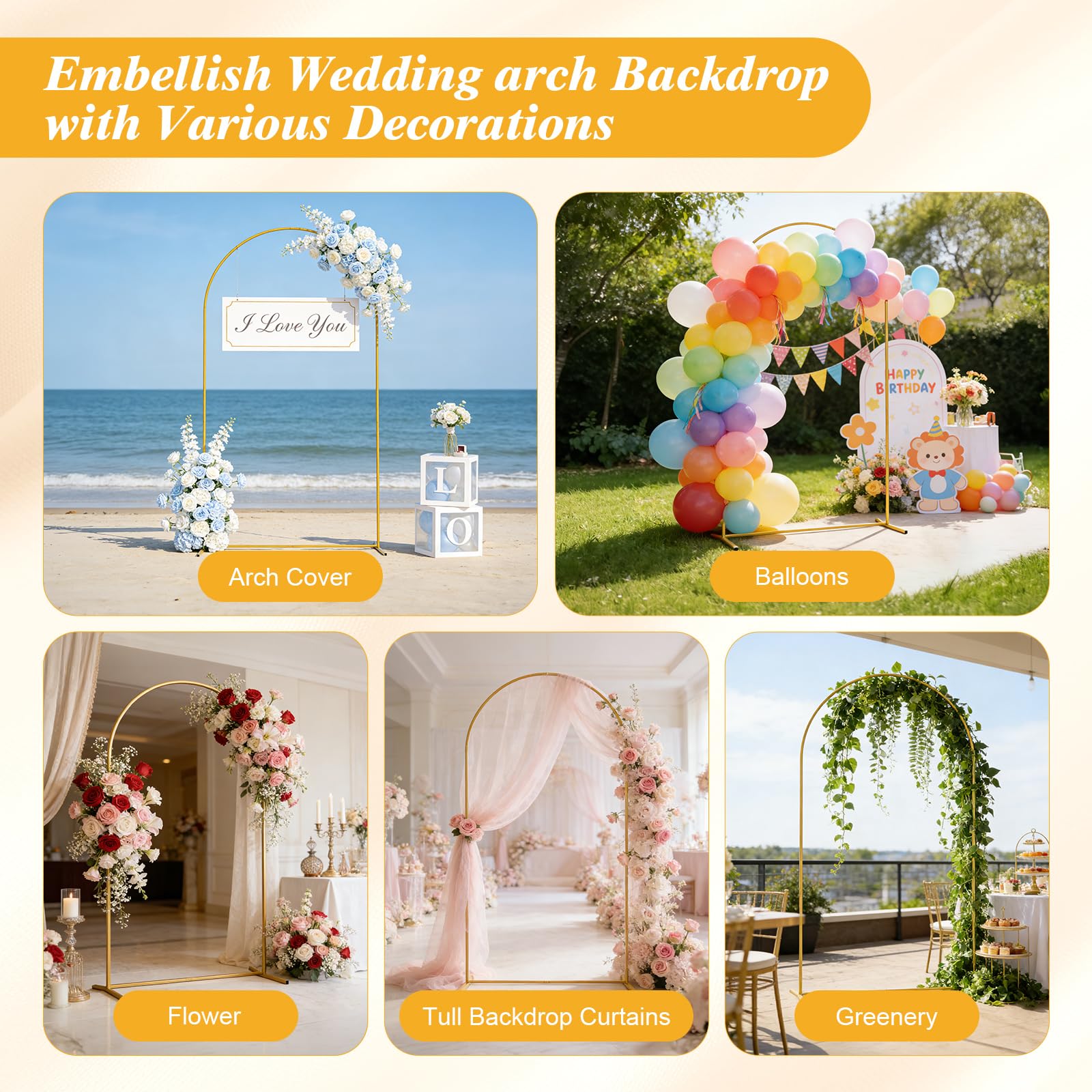 Supporto per Arco Matrimoniale, Regolabile in Altezza da 1,8 a 2,2 M, Struttura per Arco Dorata, Arco per Matrimonio, Arco con Palloncini per Matrimonio, Compleanno, Festa, Baby Shower