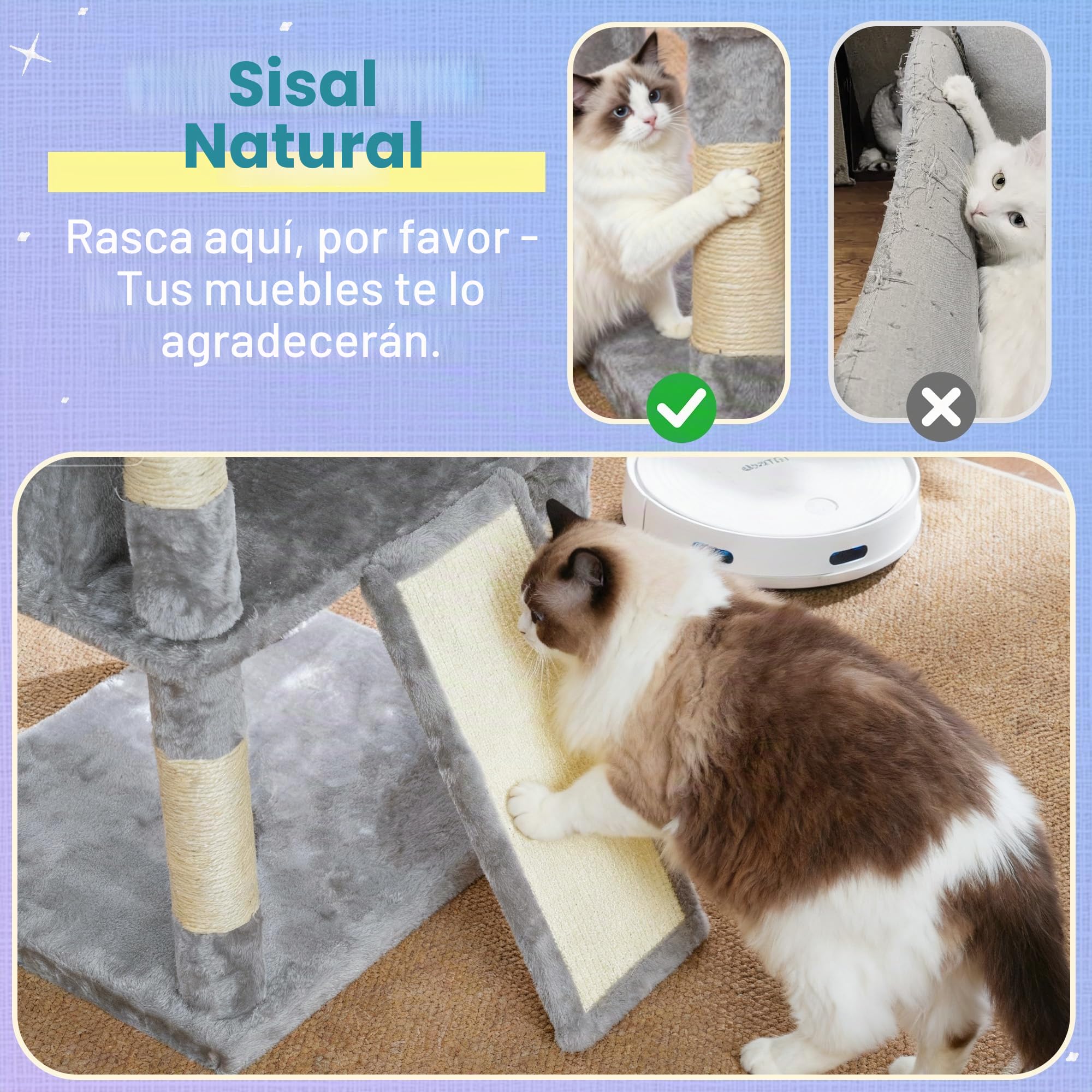 Hey-brother Rascador para Gatos, con Hamaca, Cueva, 2 Plataformas, MPJ080W | 182cm Árbol para Gatos, 2 Cestas Suaves, Rampa Rascadora, Pelota de peluche, para Múltiples Gatos de Interior, Gris Claro