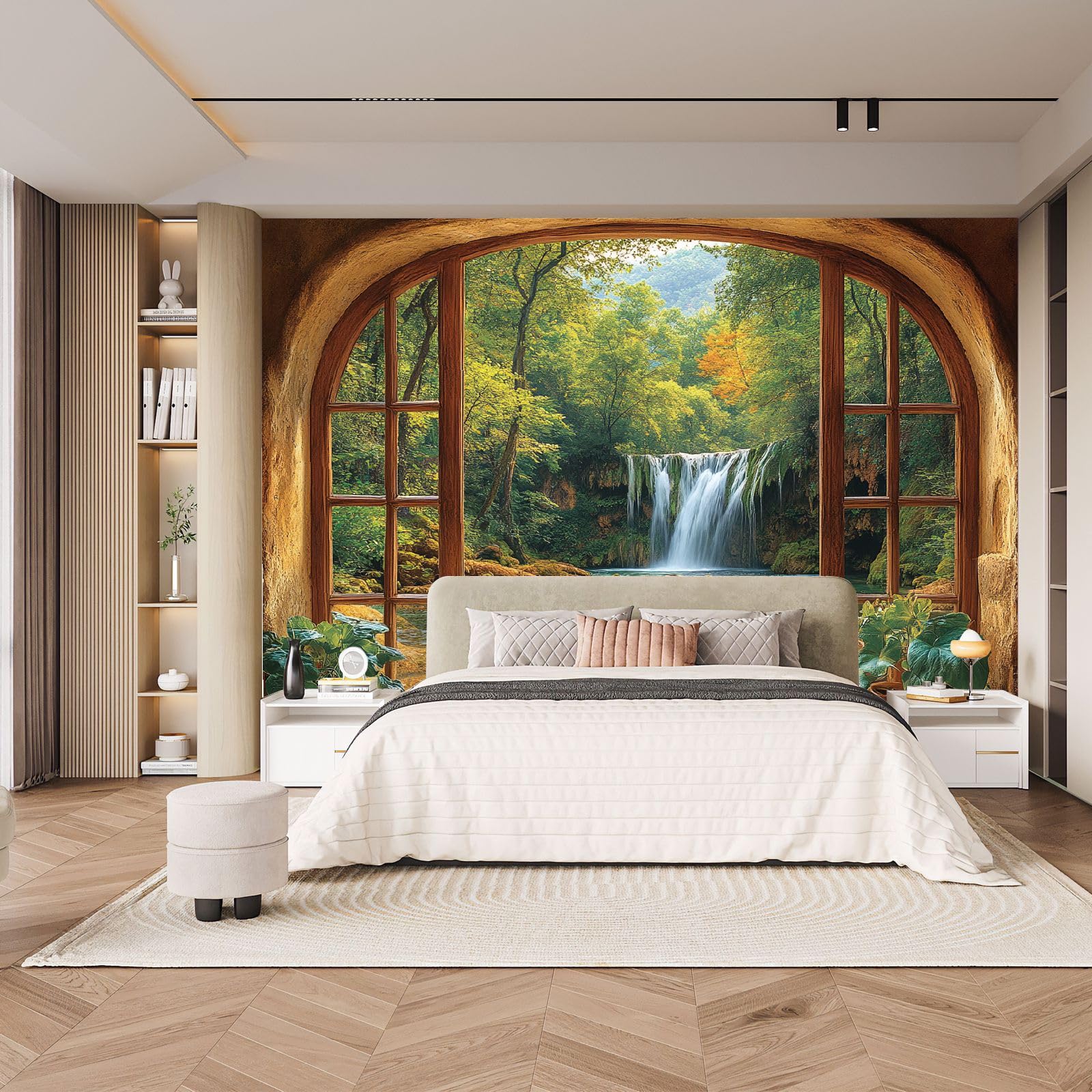 Foto Mural Ventana Paisaje Bosque Cascada Fotomural, Murales Decorativos Pared, Fotomurales 3D Papel Tapiz Fotográfico Mate‌ Papel Pintado Pared Dormitorio Para Salon Habitación infantil 350x256 cm
