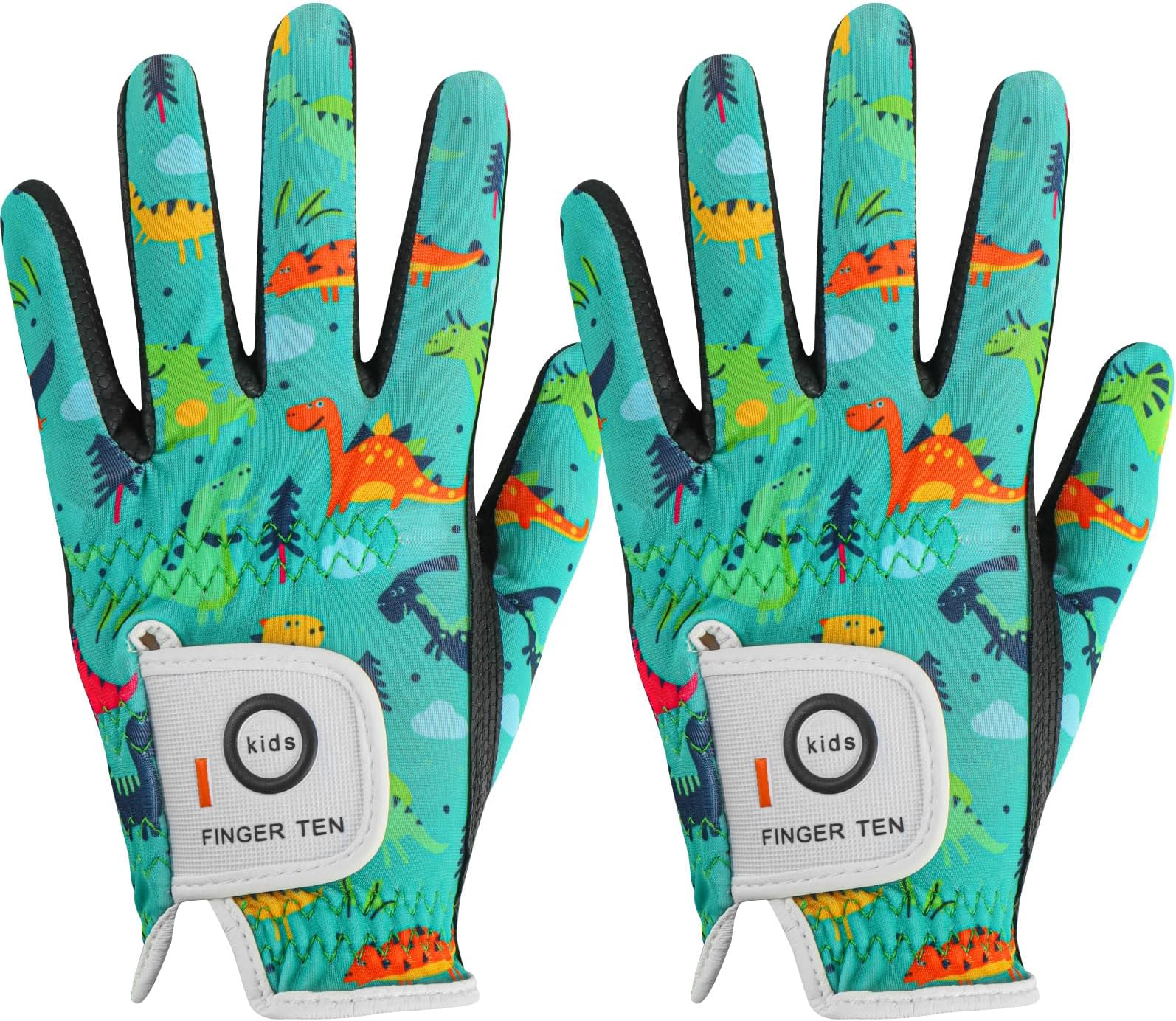 FINGER TEN Stylish Kids Golf Gloves 2 Pack for Left or Right Hand, All Weather Grip & Breathable Durable & Funny Design for Boys Girls Junior Youth Toddler