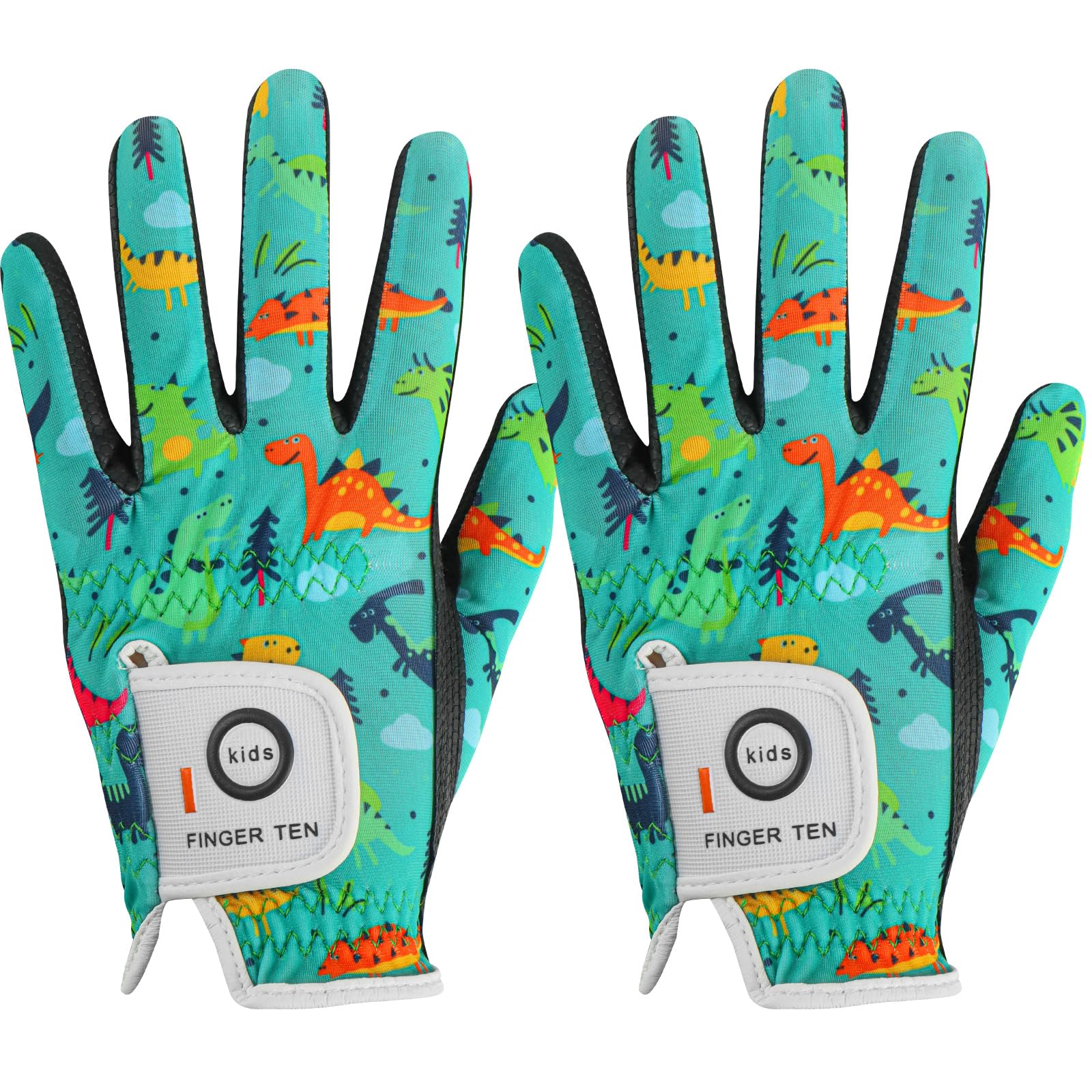 FINGER TEN Stylish Kids Golf Gloves 2 Pack for Left or Right Hand, All Weather Grip & Breathable Durable & Funny Design for Boys Girls Junior Youth