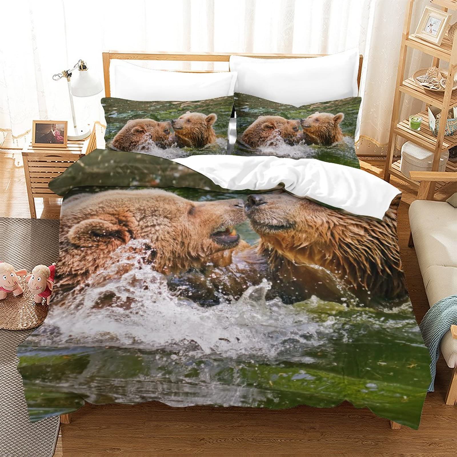 Housse de couette animal ours imprimé 3D parure de lit double 200x200cm fermeture éclair