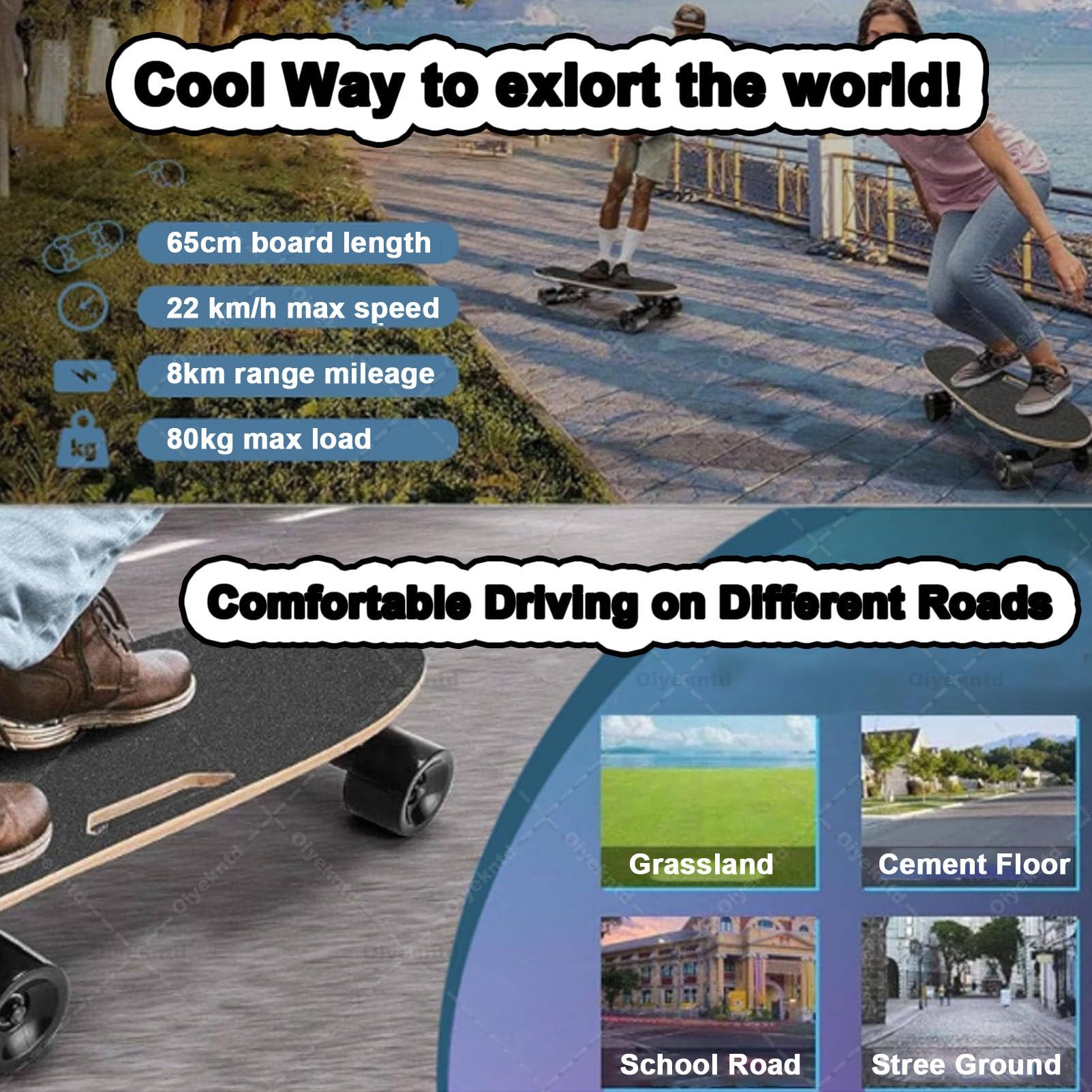 Longboard électrique avec télécommande, modèle Professionnel adapté aux Adultes et Adolescents débutants, autonomie de 8 km, Vitesse maximale de 22 km/h