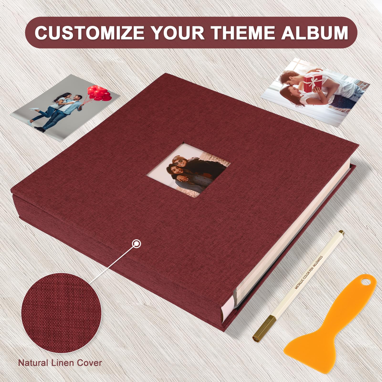 Album Fotografico Autoadesivo 33x32 CM in Lino Album Portafoto Personalizzabile Scrapbook Photo Album Fotolibro Ricordi Nascita Matrimonio Travel Journal Guest Book, 120 Pagine Rosso | Album fotografico per foto da 10 x 15 cm, 12 x 18 cm, 8 x 25 cm, pagin