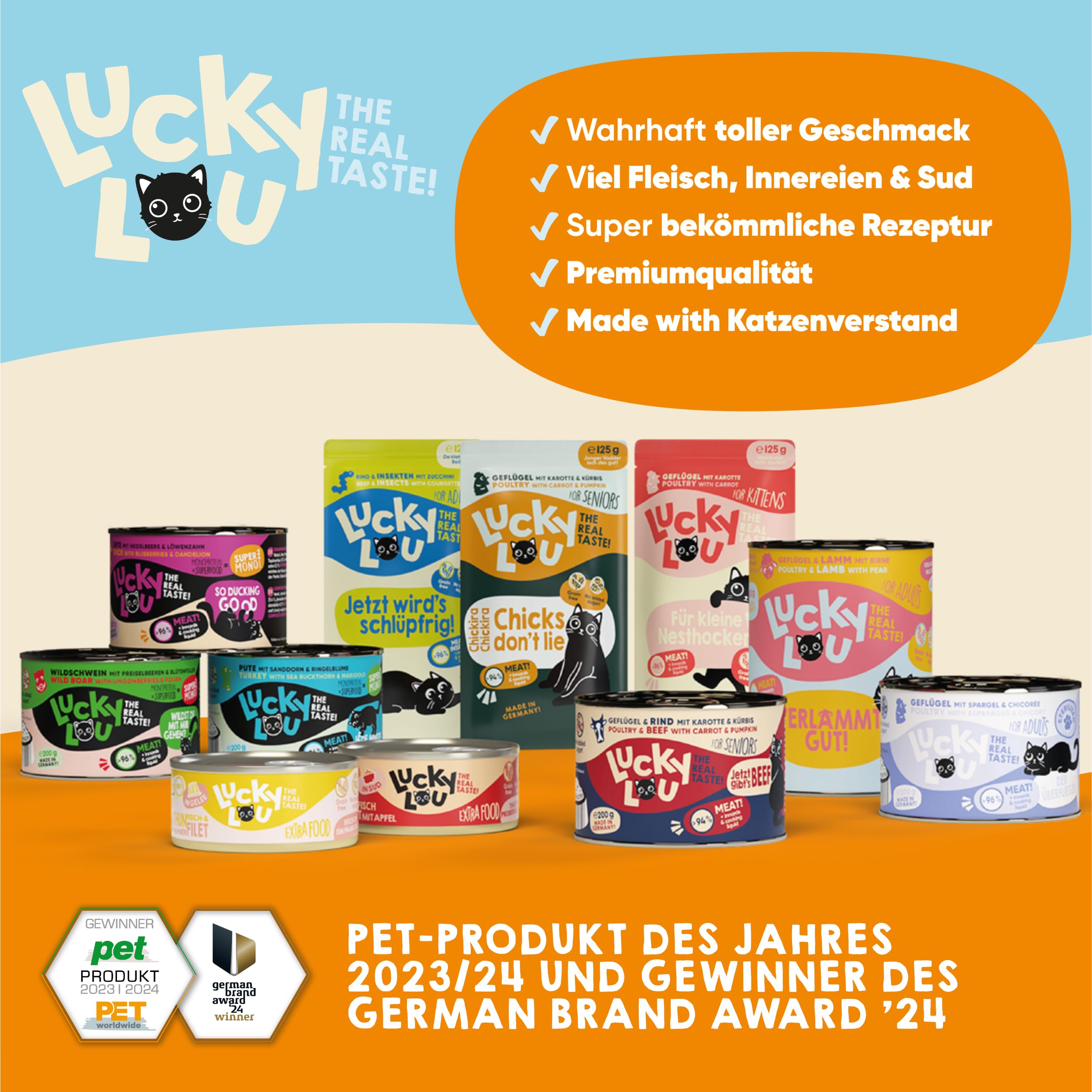 Lucky Lou Adult Mix-Paket Katzenfutter nass - 18 x 400g - hochwertiges Katzenfutter mit viel Protein - Nassfutter getreidefrei & ohne Zucker
