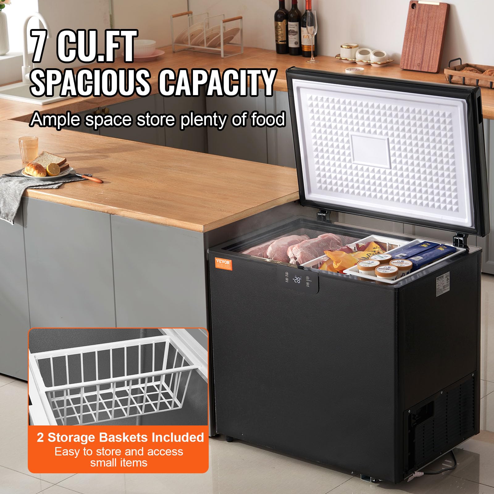 VEVOR Chest Freezer, 5.4 Cu.ft / 153 L Compact Deep Freezer, Free Standing Top Open Door Compact Freezers with 2 Removable Baskets & Adjustable Thermostat, Energy Saving & Low Noise, Black on Fridge.com