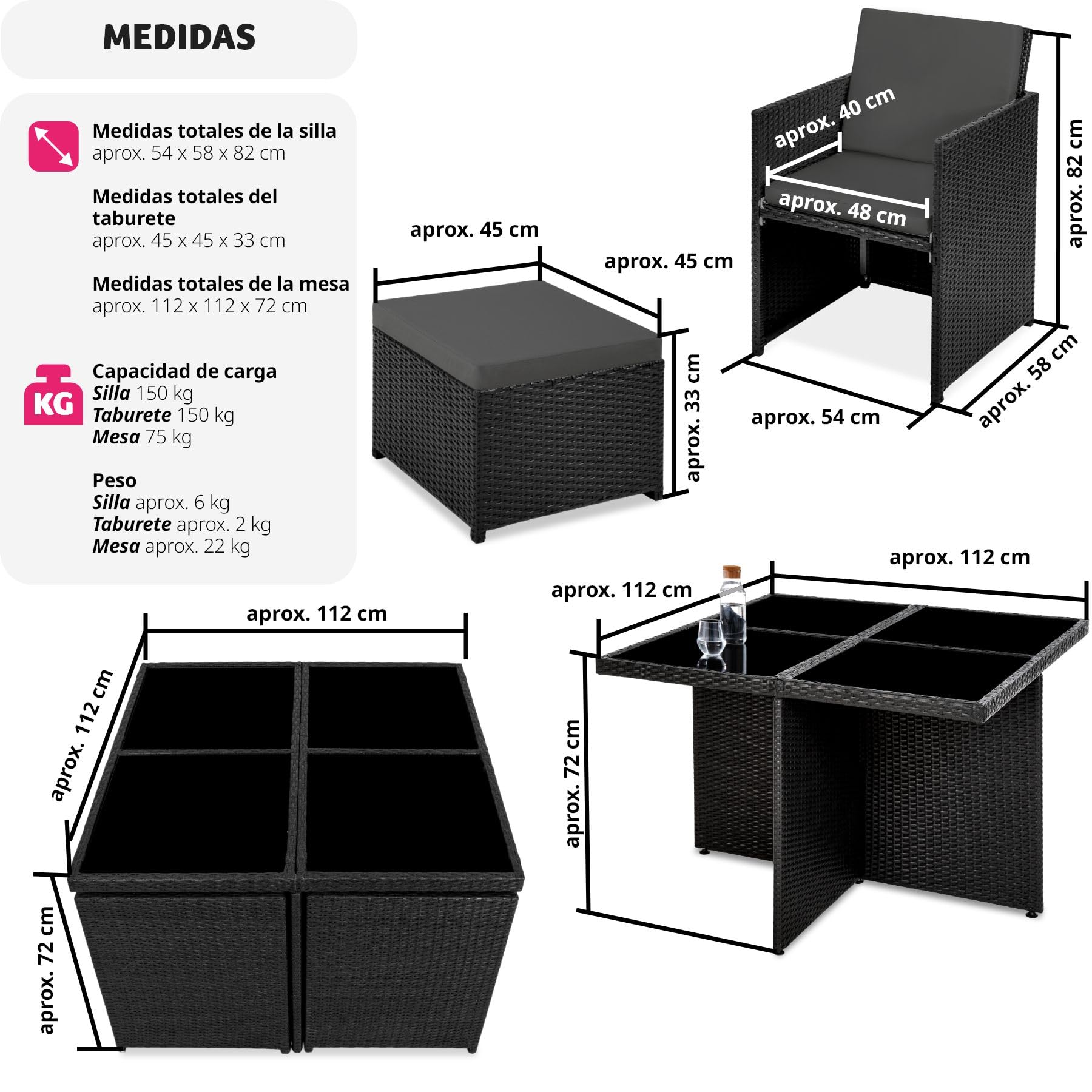 tectake® Conjunto Jardín Exterior de Ratán y Aluminio, Muebles Jardín Exterior Resistentes a la Intemperie, para hasta 8 Personas, con 2 Juegos de Fundas y Funda Protectora - Negro