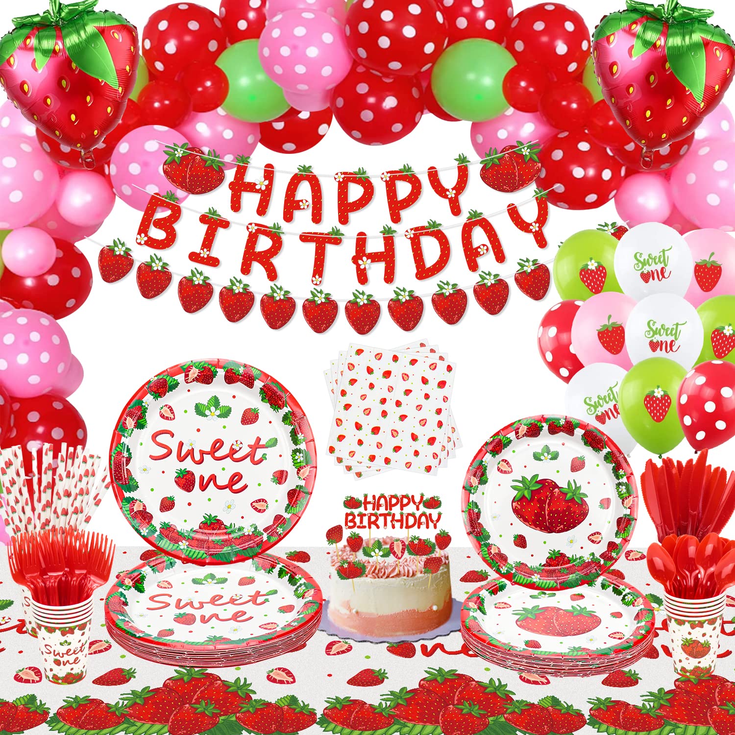 243 Pack Strawberry First Birthday Party Supplies - Sweet One Fruit Tableware Set With Plates, Cups, Tablecloths, Balloons, Napkins - Serves 20