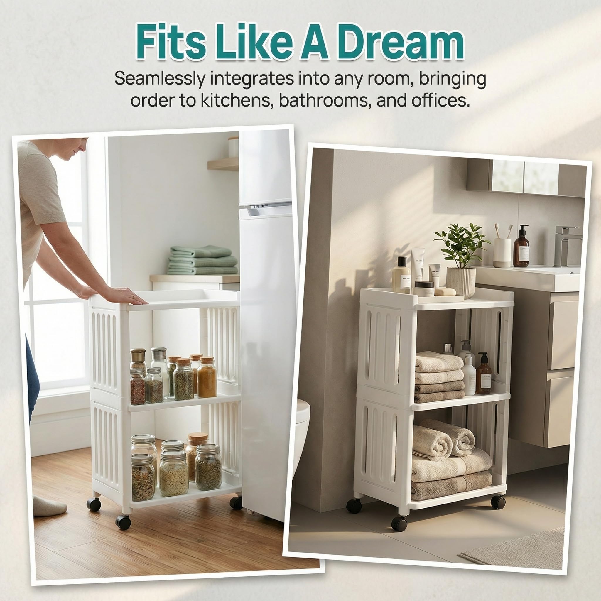 Carrello per fai da te, a 3 ripiani, in plastica, con 4 ruote, per bagno, cucina, bagno, soggiorno, ufficio, leggero, colore: bianco